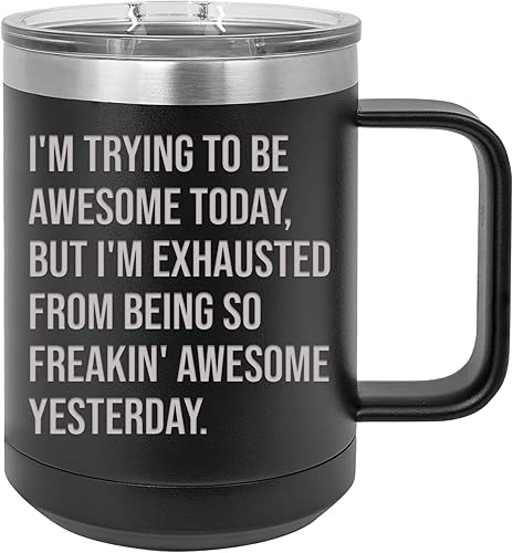 Taza de café divertida con tapa de acero inoxidable de 15 onzas con tapa color negro