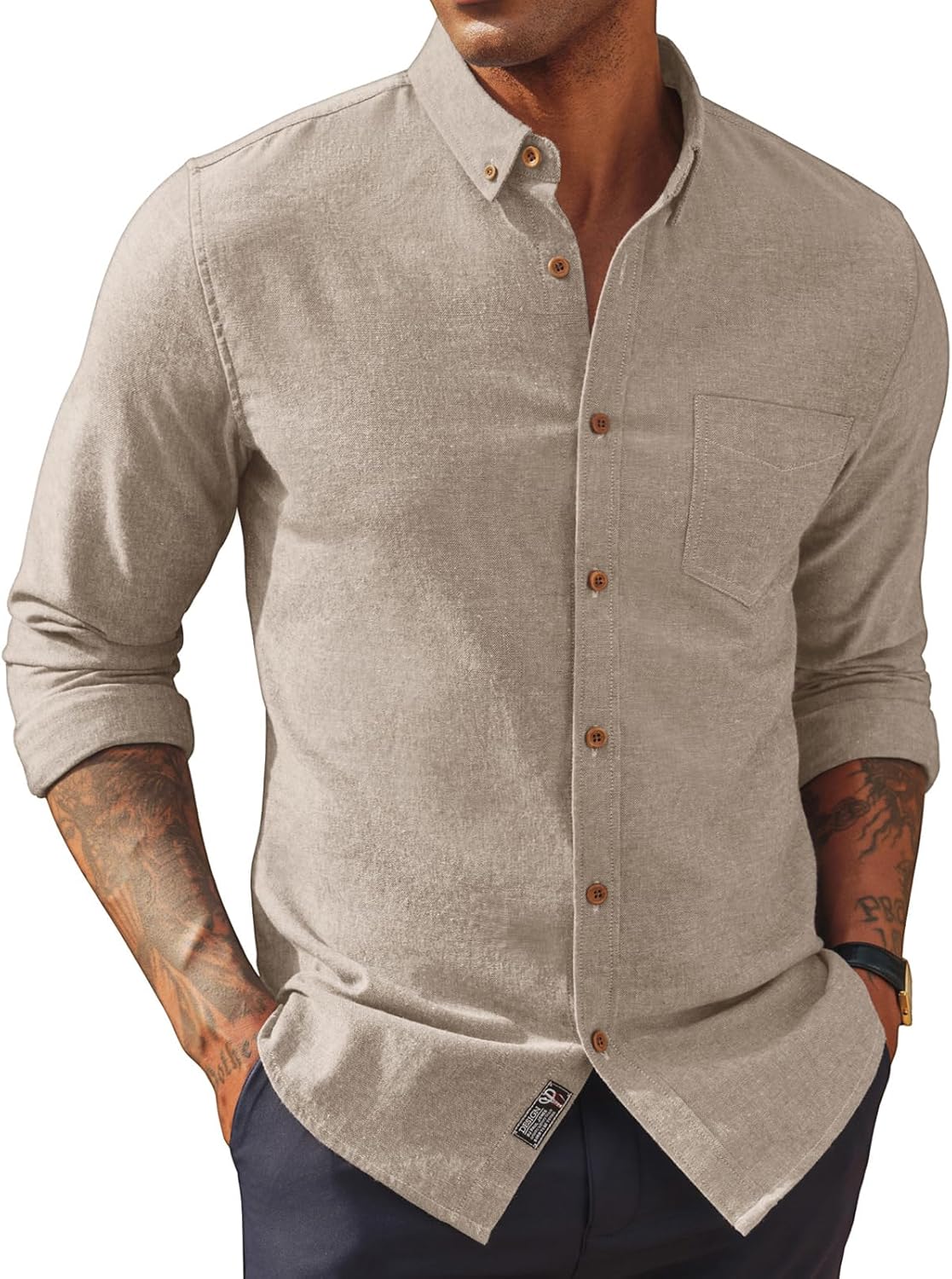 PJ PAUL JONES Mens Classic Fit Linen-Cotton Shirt Button Down Long Sleeve Casual Business Shirts