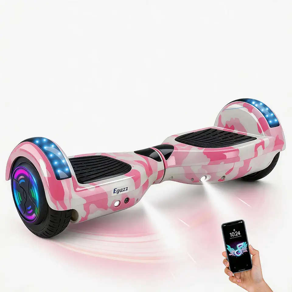 Egazza Hoverboard Skate1 Elétrico 6,5” com Bluetooth e Rodas LED, Scooter de Equilíbrio para Crianças e Adolescentes, Camuflagem Rosa