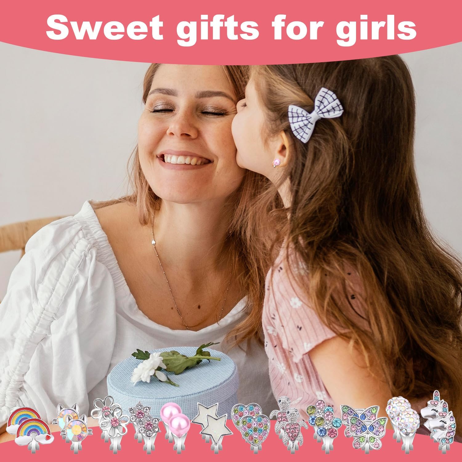 12 Pairs Cute Clip on Earring for Girls, Kids Clip on Earrings Colored Diamonds Heart Shape Butterfly Pink Beads Cat Clip-On Earrings Multicolored Non Pierced Earrings Set