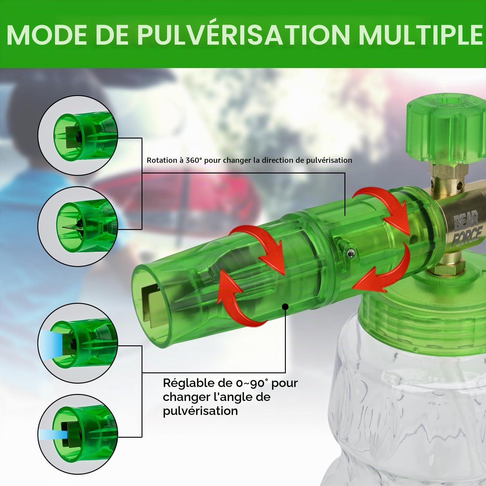 BEAR FORCE Canon à mousse en aluminium, dégagement rapide 6,35 mm, bouteille 1 l, argent, prise rapide 1/4, valve à soupape, 2 ports