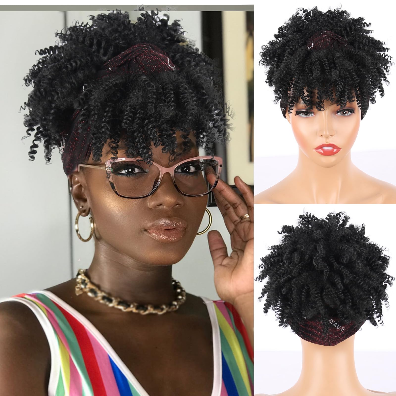 LEOSA Short Afro Black Headband Wigs for Black Women Afro Curly Headband Wig with Bangs Scarf Wigs Natural Black Wig with Headband Attached Headwrap