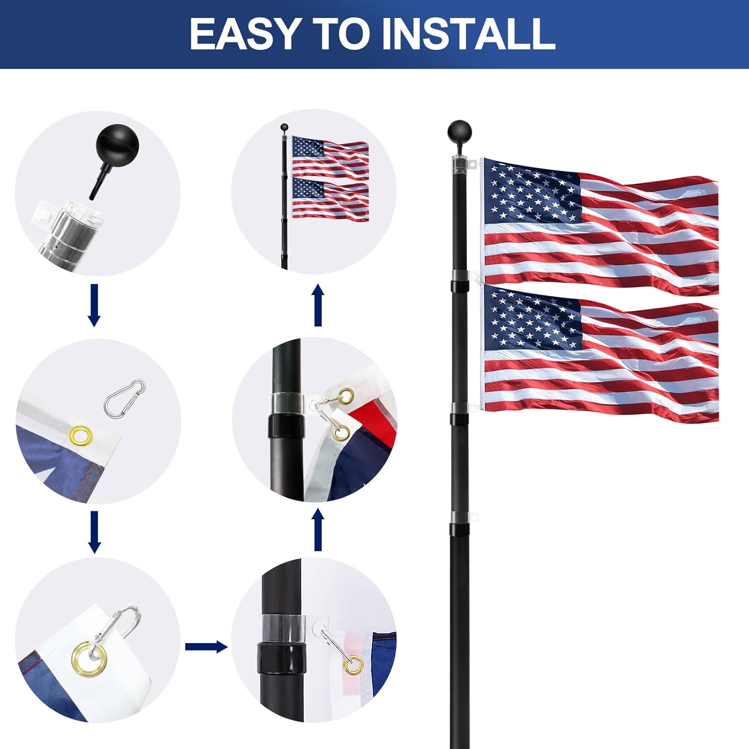 SENZHIYI 16FT Telescopic Flag Pole Kit, Heavy Duty 16 Gauge Aluminum Outdoor In Ground Telescoping Flag Poles with 3x5 USA Flag, for Residential or Commercial,Garden,Yard Flag Poles Kit,Black