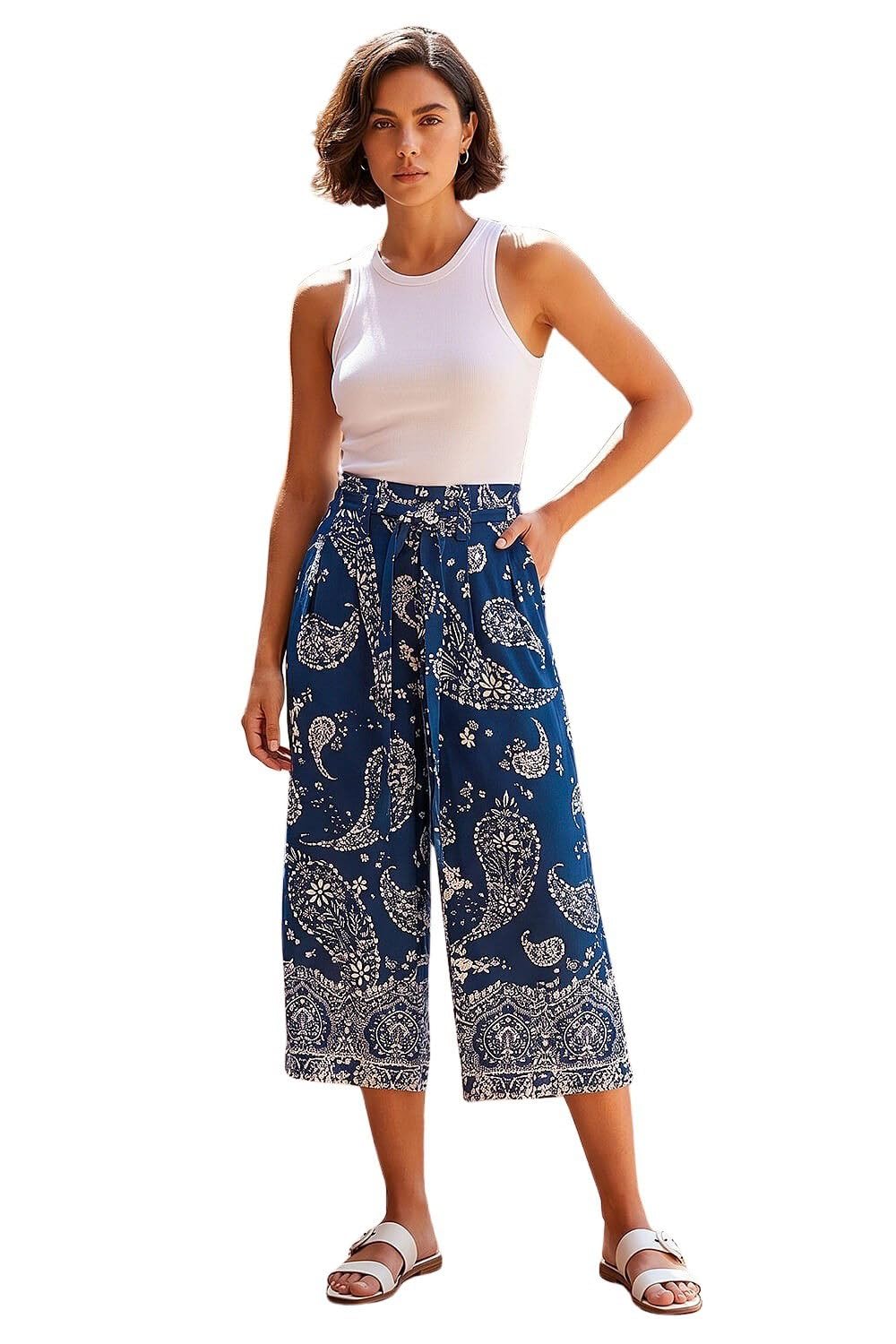 Roman Paisley Print Wide Leg Cropped Trousers, Black, Size 14, Women