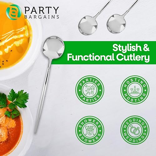 Miniatura 3 de Party Bargains Cuchara de sopa desechable de plástico, 32 unidades, color plateado, diseño moderno y novedoso, cubiertos de cocina para cenas