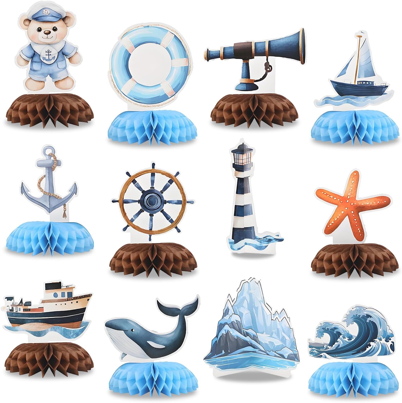 12Pcs Nautical Party Supplies Cruise Ship Birthday Honeycomb Centerpieces for Ocean Party Decorations Ship Theme Table Honeycomb for Ocean Cruise Liner Nautical Theme Birthday Baby Shower Party Favors