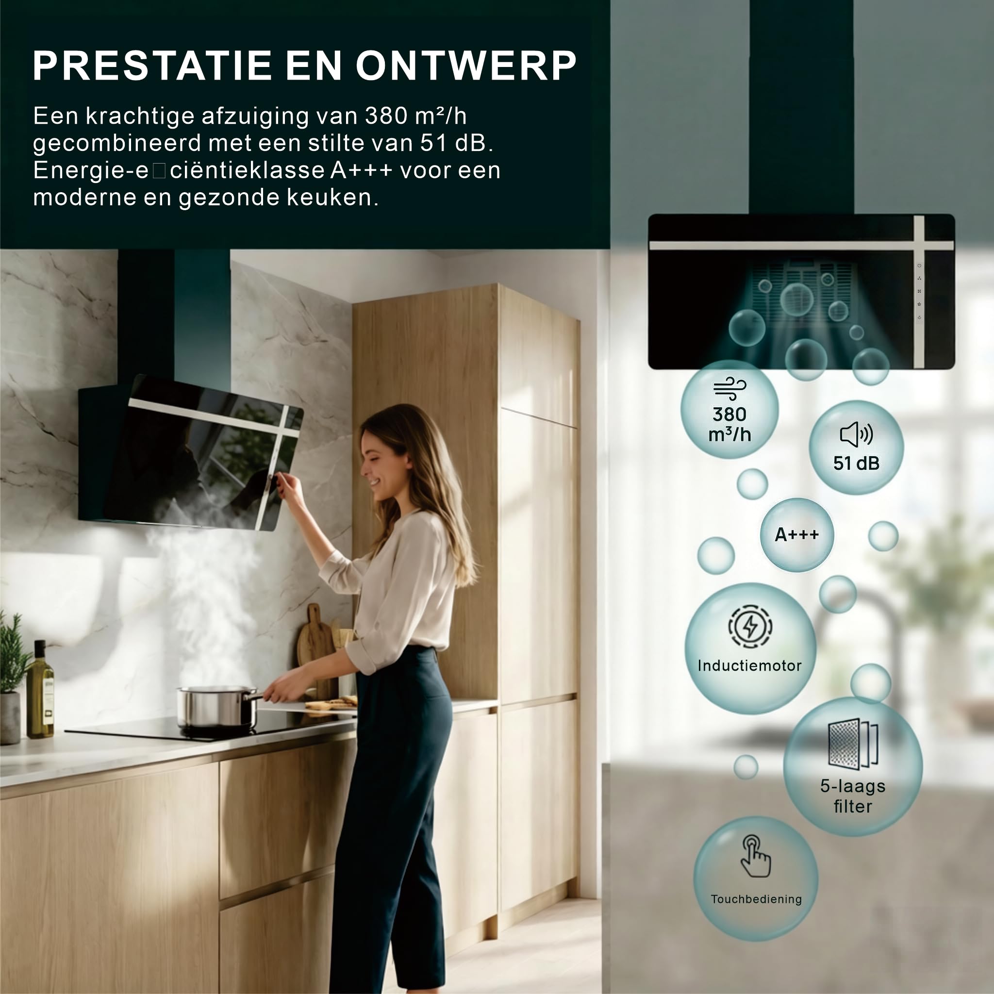 DOPURE Dunstabzugshaube 60 cm Abluft Umluft bürstenloser Motor Schwarz Glas Touchscreen LED-Beleuchtung
