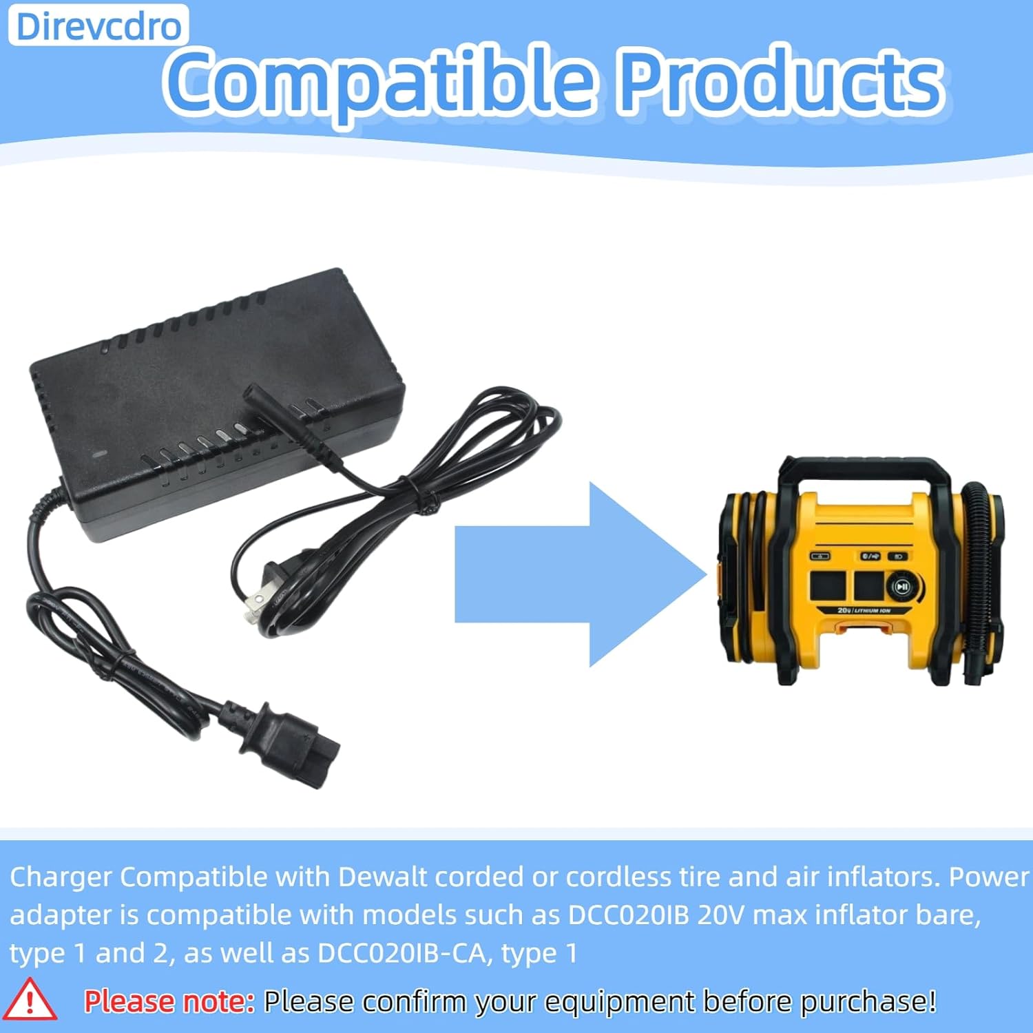 N557514 Power Supply Charger for DeWalt DCC020IB Inflator, Replacement DeWalt 20V MAX Inflator Air Compressor AC Adapter Compatible with DCC020IB Type 1/2 and DCC020IB-CA Cordless Tire Inflator - Image 5