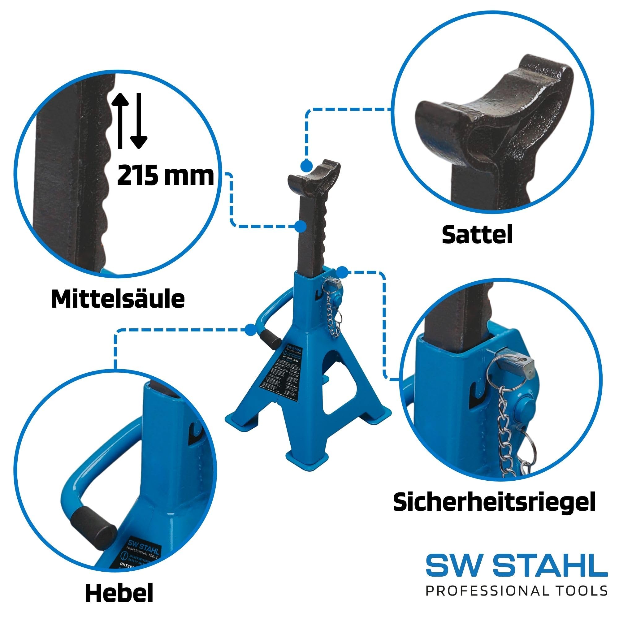 SW-Stahl 20475L Unterstellbock 6 t - 2 Stück Stützböcke - Kfz Bock Set | Höhenverstellbar 385-600 mm - 6000 kg Tragfähigkeit - Metall Arbeitsböcke für Reifenwechsel mit Einhandbedienung
