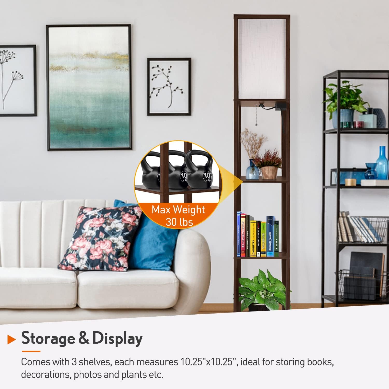 Outon Floor Lamp with Shelves, LED Column Modern Floor Lamp with USB Port & Power Outlet, Display Storage Wood Standing Light with White Linen Texture Shade for Living Room, Bedroom, Office (Walnut) - - 