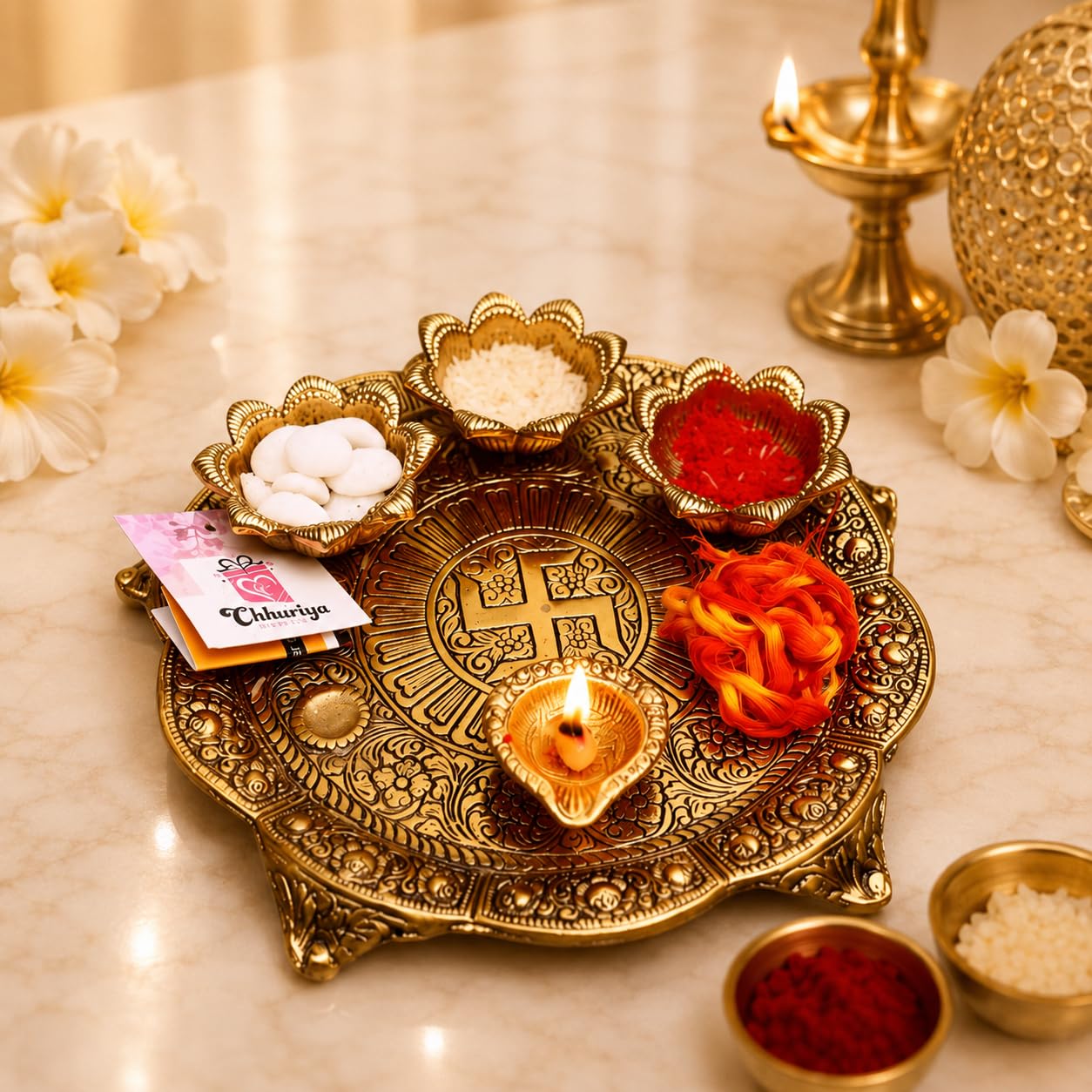 Chhariya Crafts Metal Pooja Thali with Diya for Home and Office Temple Puja Item (1 Pieces, Gold)-picture-14