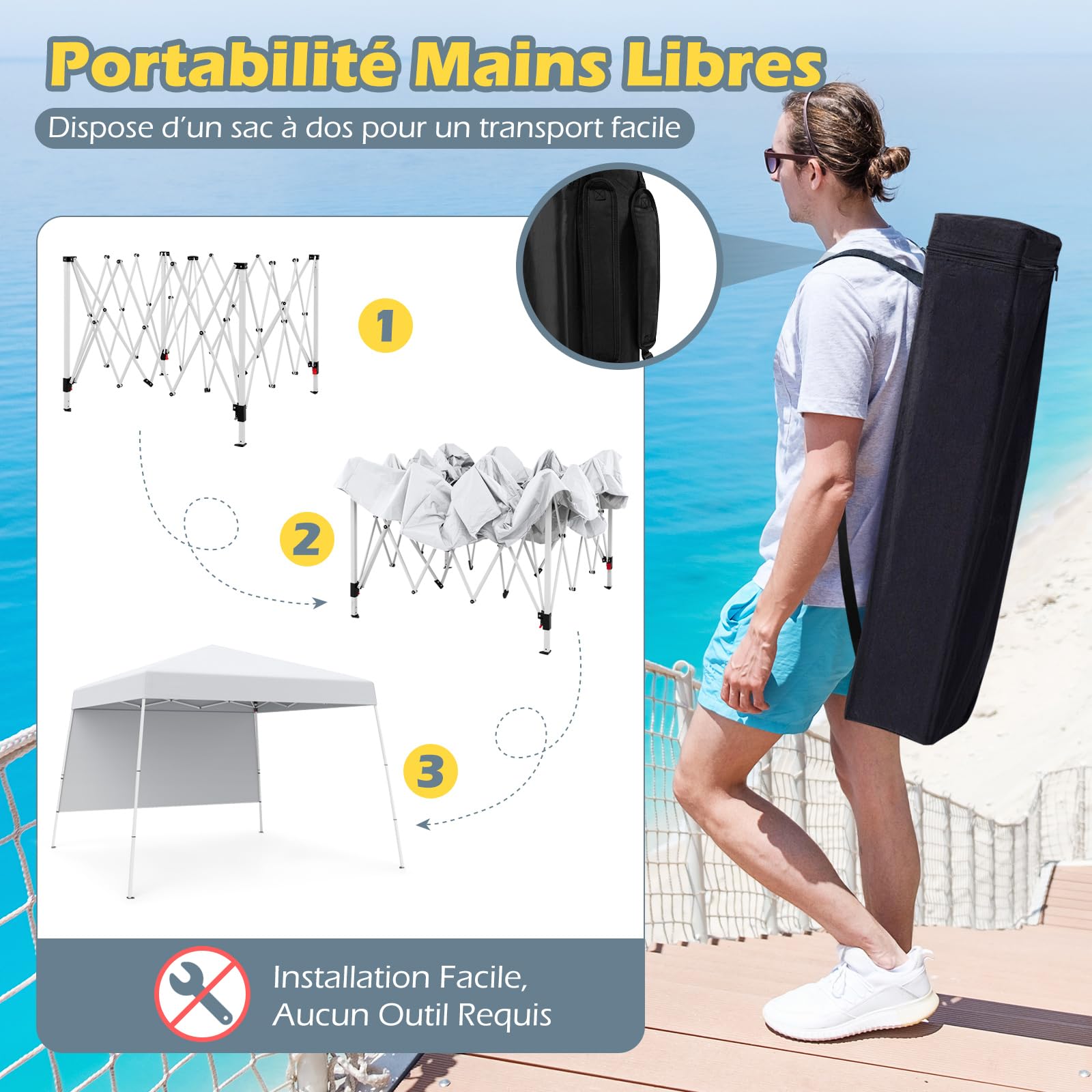 COSTWAY Tonnelle de Jardin 3 x 3 M avec Panneau Latéral, Tente Réception Pliant avec Sac à Dos Portable 4 Piquets Protection Solaire Montage Facile, pour Fête Camping Pique-Nique (Blanc)