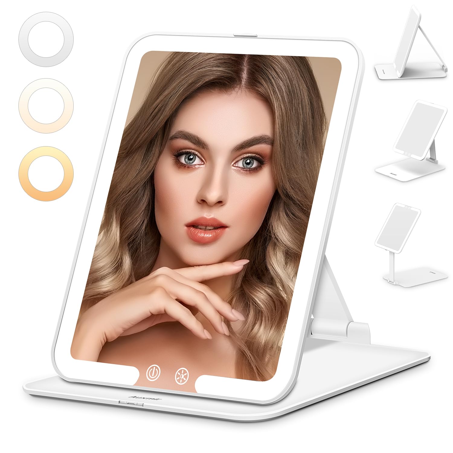 AuxmirTravel Makeup Mirror with Light, Portable Folding Travel Mirror, LED Dimmable 3 Colors Lighted Cosmetic Makeup Mirror, Rechargeable Compact Vanity Mirror, Freely Adjust Height and Angle, Black