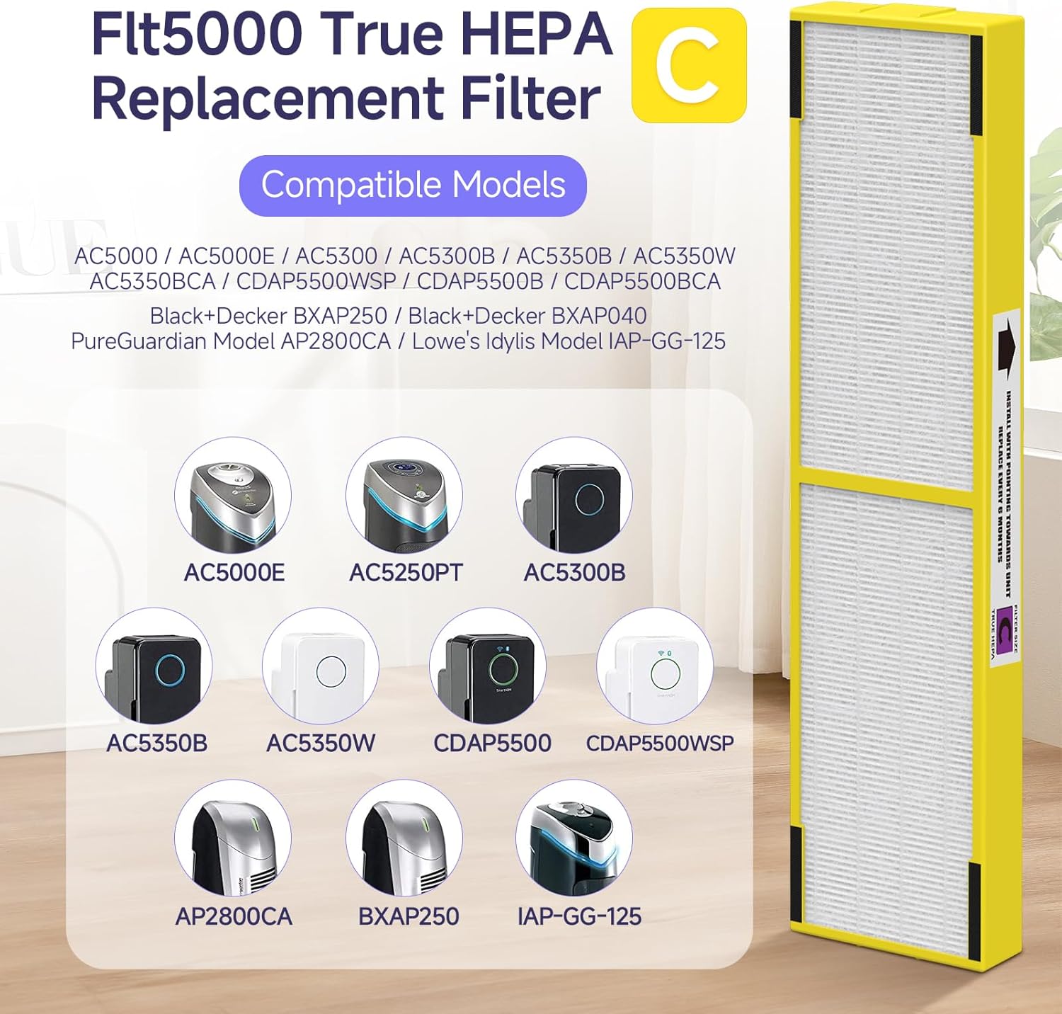 4-Pack Flt5000 Filter C Replacement Filter Compatible with AC5000, AC5000E, AC5250PT, AC5350B, AC5350BCA, AC5350W, AC5300B, CDAP5500B, AP2800CA