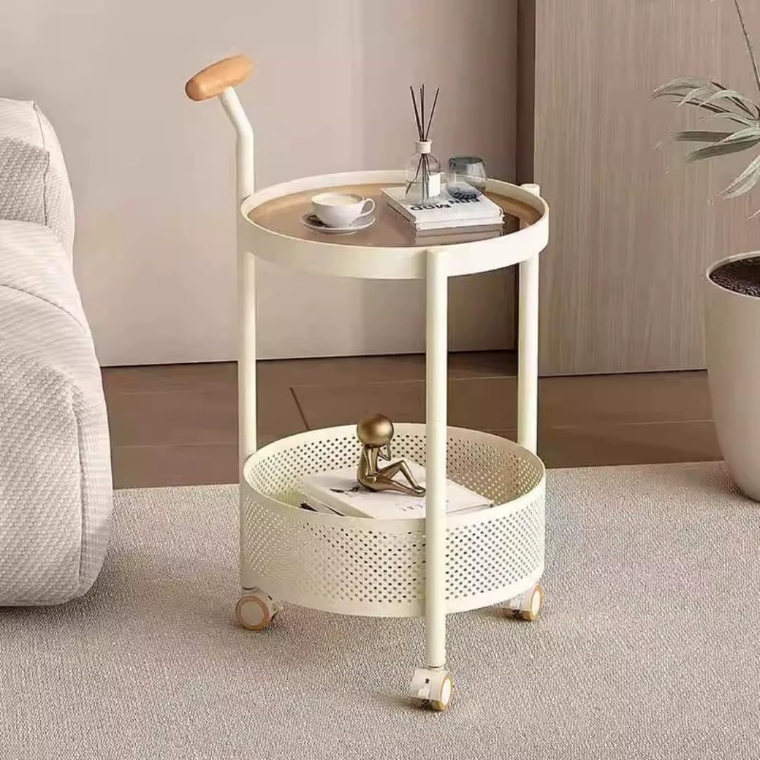 Homero Multipurpose Art Side Table | Contemporary Brown Tempered Glass Top | 2-Layer Iron Frame with Wheels & Convenient Handle-image-6