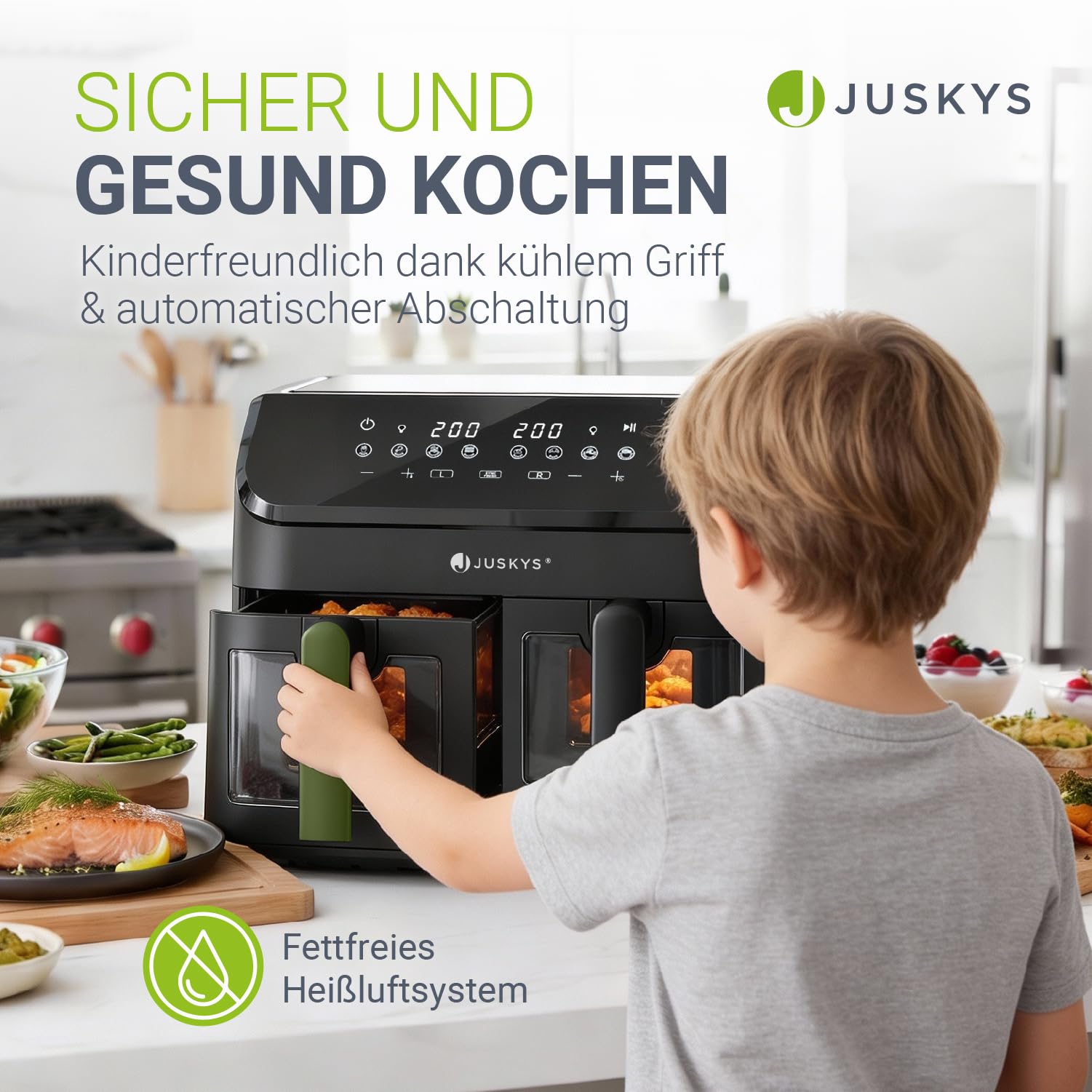 Juskys® Airfryer 9 L Doppelkammer - Heißluftfritteuse 2 Kammern, 9 Programme, beschichtet, XXL Fritteuse