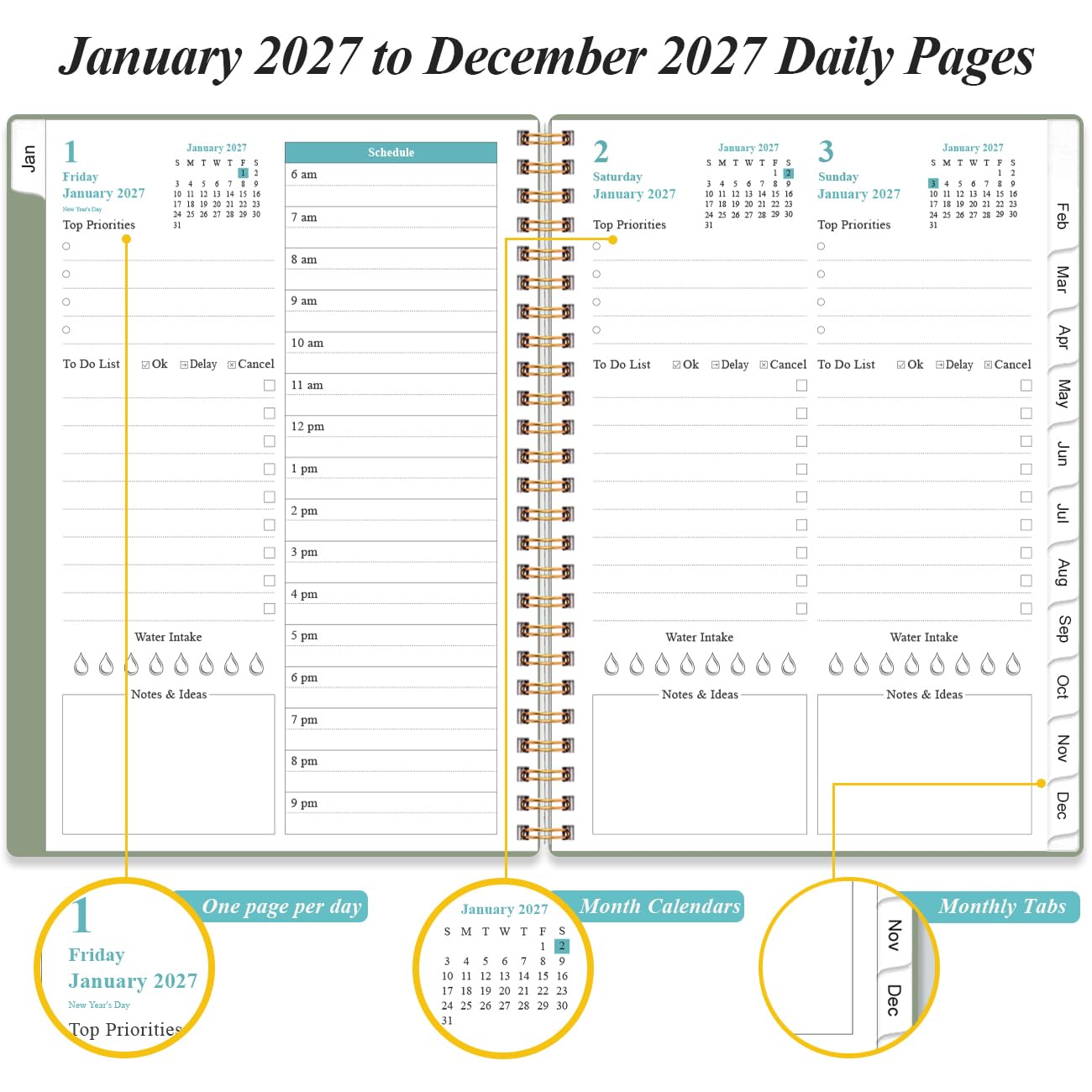 Agenda giornaliera 2026 con pagina intera al giorno - Agenda giornaliera e mensile 2026 da gennaio 2026 a dicembre 2026, agenda giornaliera 2026 con 12 linguette mesi, 16,3 x 21,6 cm, verde