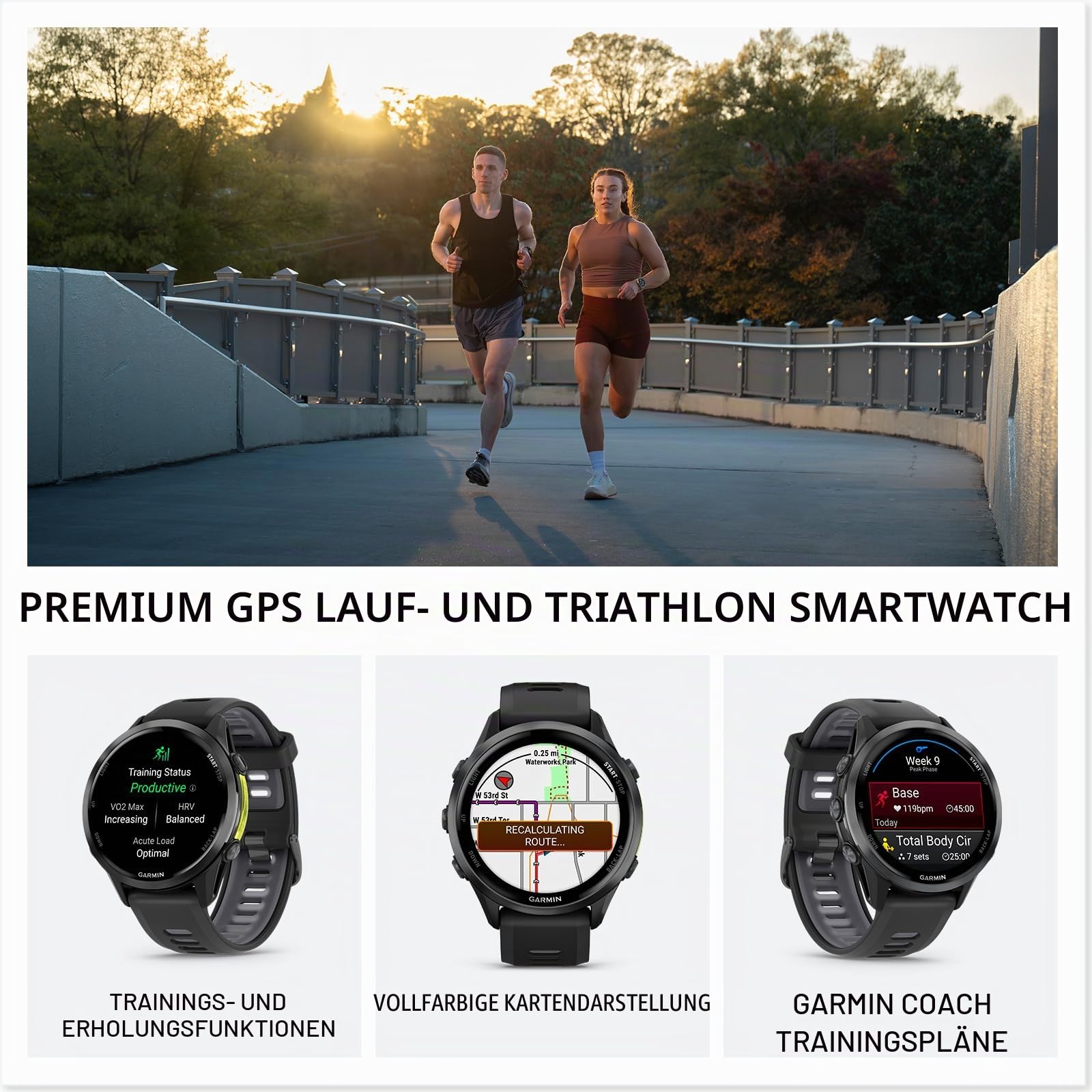 Garmin® Forerunner® 970 Premium GPS-Lauf- und Triathlon-Smartwatch, AMOLED-Display, integrierte LED-Taschenlampe, Carbongrau DLC Titan mit schwarzem Gehäuse und schwarz-durchscheinendem Weißstein-Band