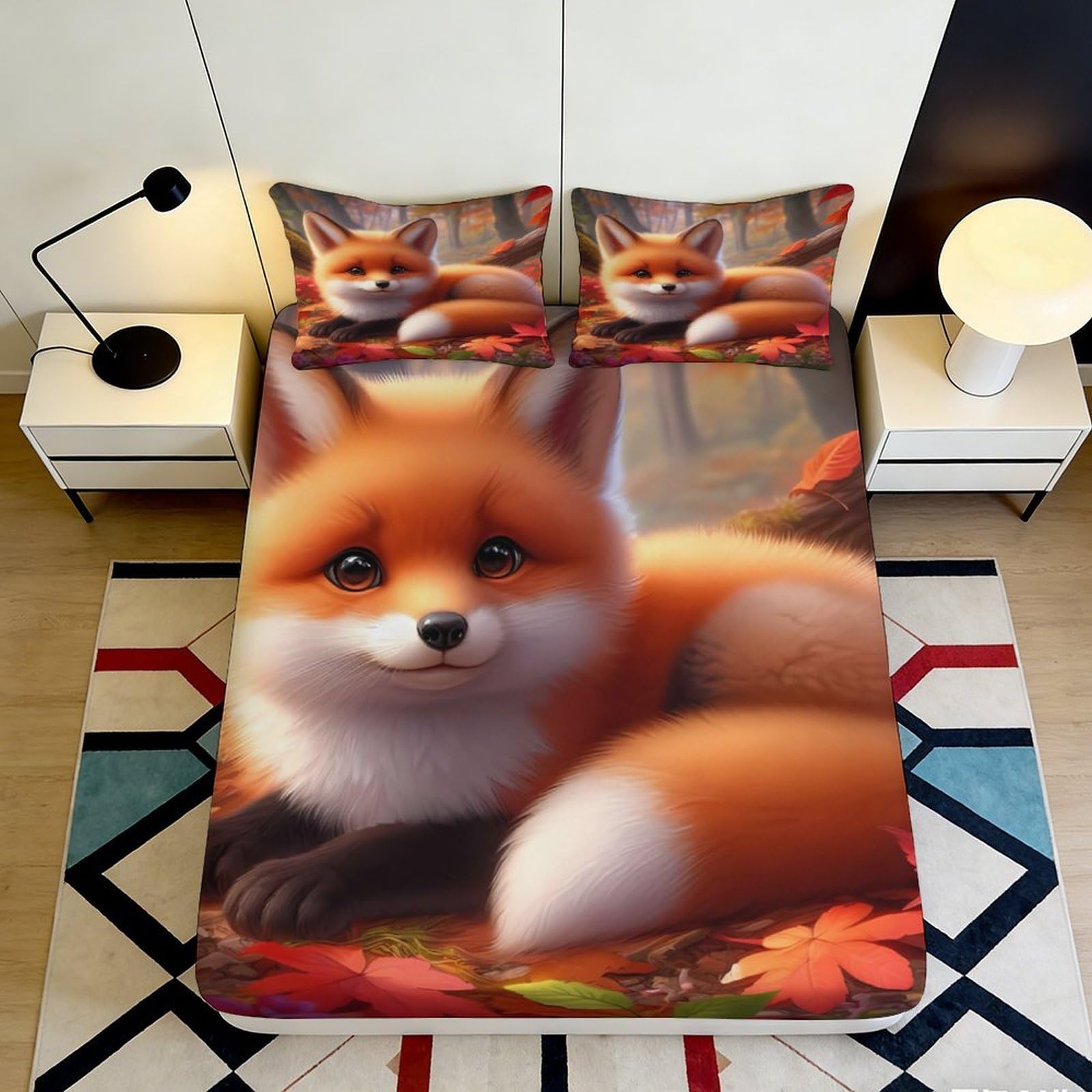 3D Printed Fox Autumn Forest Fitted Sheet Microfiber Non-Slip Bed Cover for Bedroom Dorm Mattress Decor 120x200cm 140x200x25cm