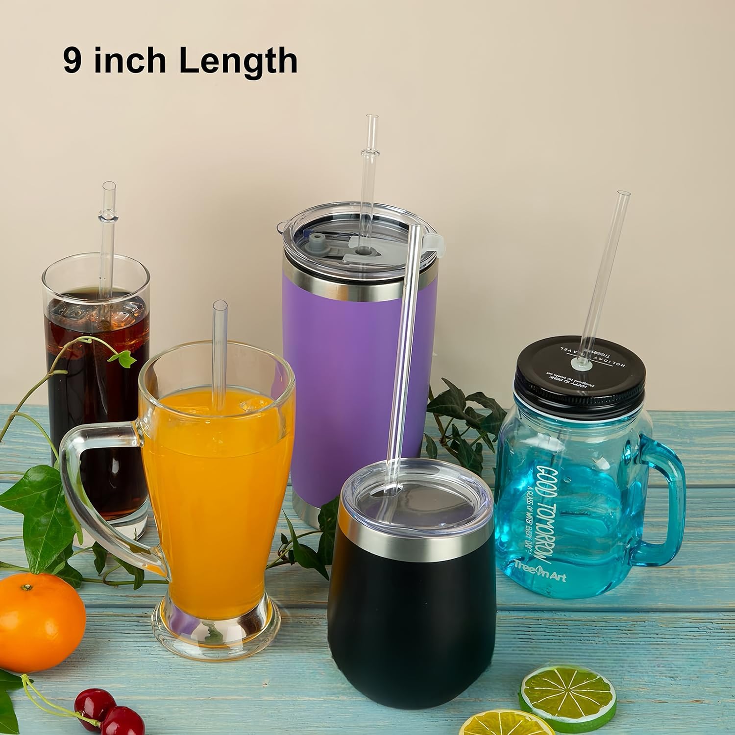 Reusable Hard Plastic Straws - 9 Inch Clear Straws for 16 & 20 Oz Mason Jars, 12-Pack with Cleaning Brush