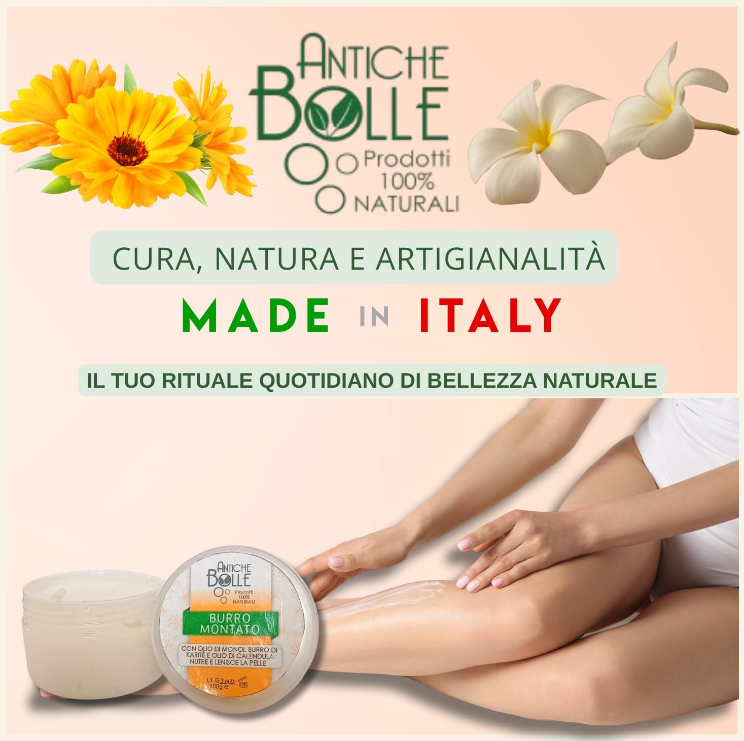 Antiche Bolle – Burro Corpo Naturale al Monoi e Burro di Karitè - Body Butter Idratante e Profumato ad Azione Lenitiva, Ideale per Pelle Secca -100 Gr