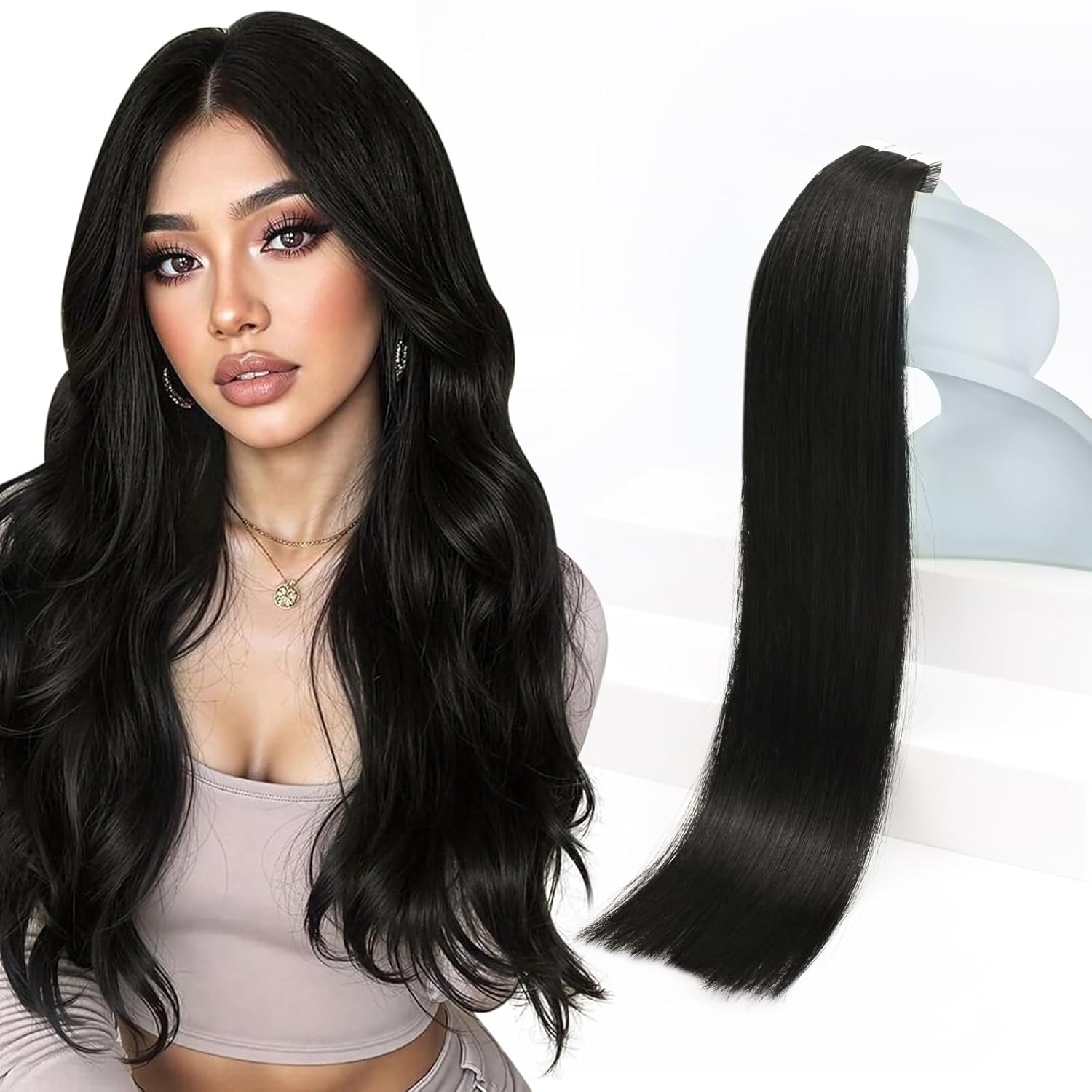 Sunny Hair Tape in Hair Extensions Real Human Hair Invisible Remy Hair Extensions Tape ins for Women Natural Black 16 inch 20Pcs 50G