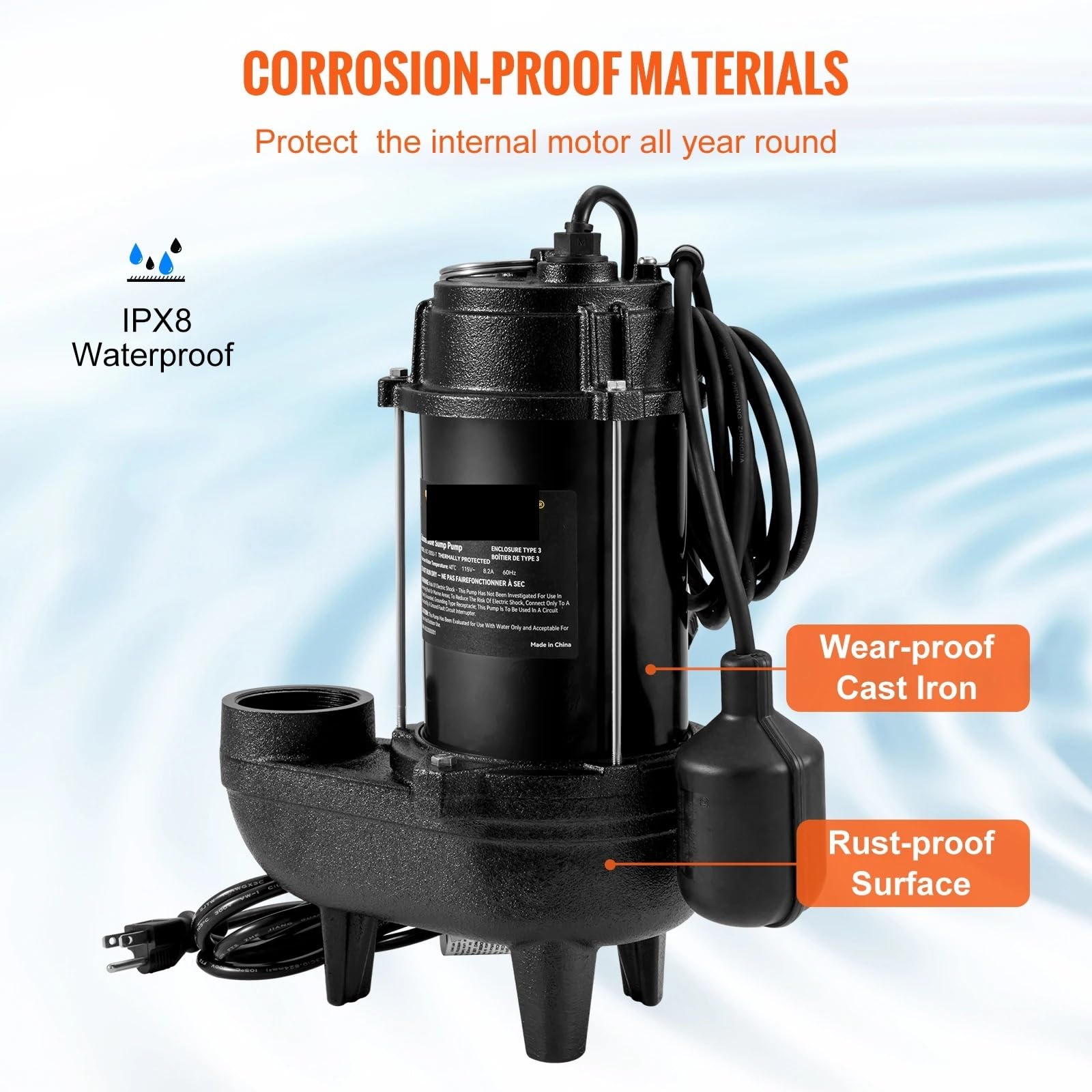 Llenado por Peso Bomba sumergible for aguas residuales de 3/4", 5880 GPH, 1050 W, hierro fundido, con interruptor flotador 10 pies, for fosas sépticas y sótanos