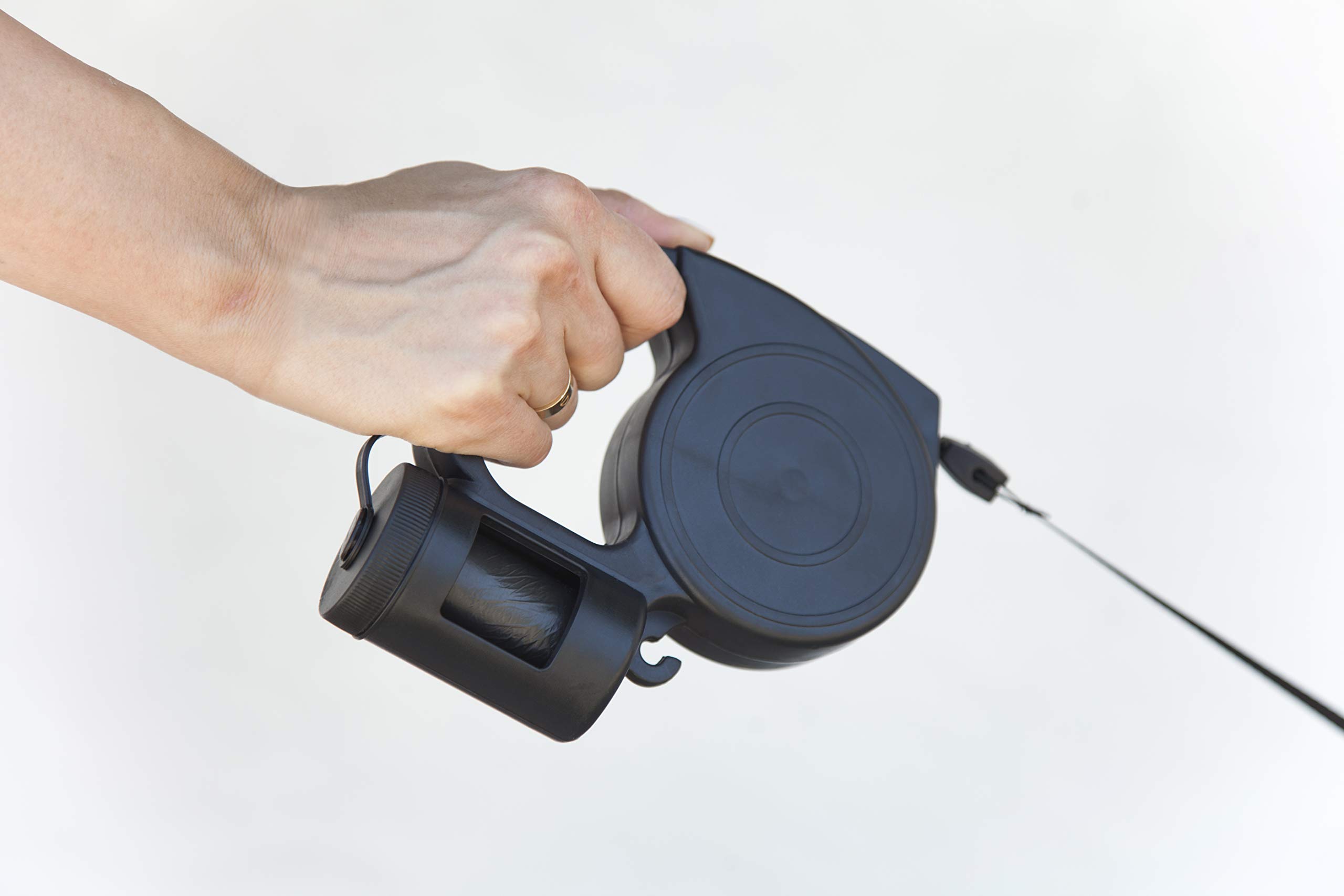 PoundWishes PW755-BL Dog Retractable Leash with Waste Bag Dispenser, Black, One Size