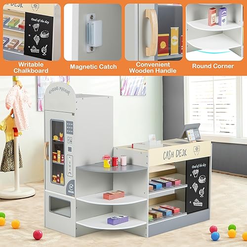 Miniatura 5 de Costzon Juego de tienda de comestibles para niños, tienda de juegos de simulación de madera con pizarra, caja registradora, máquina expendedora