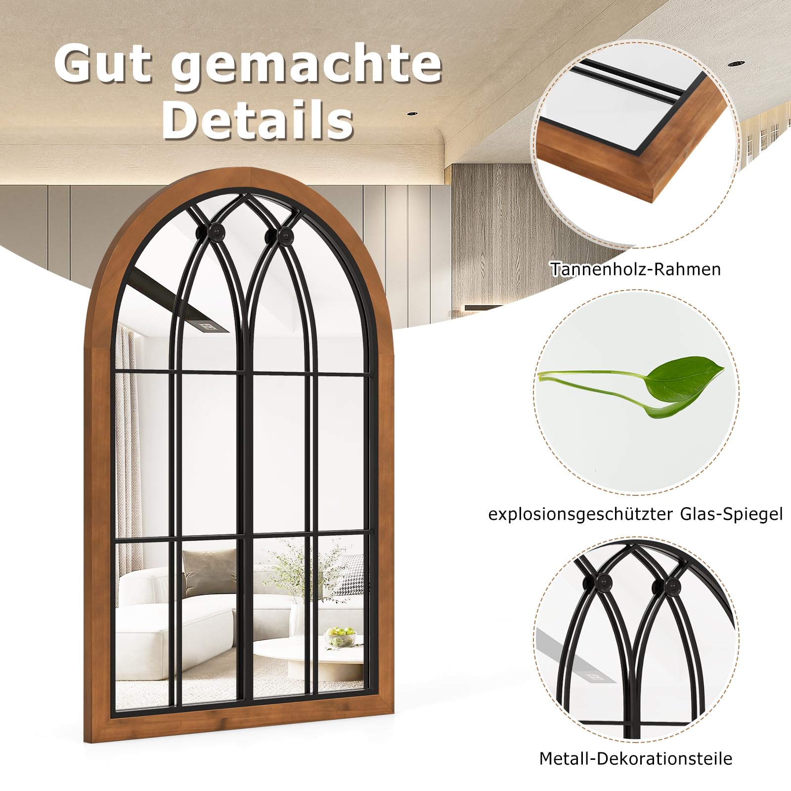 GOPLUS Lustro ścienne o wyglądzie okna, 90 x 60 cm, sklepione lustro wiszące z metalową ramą i hakami do zawieszania, lustro okienne do salonu, łazienki i korytarza, naturalne