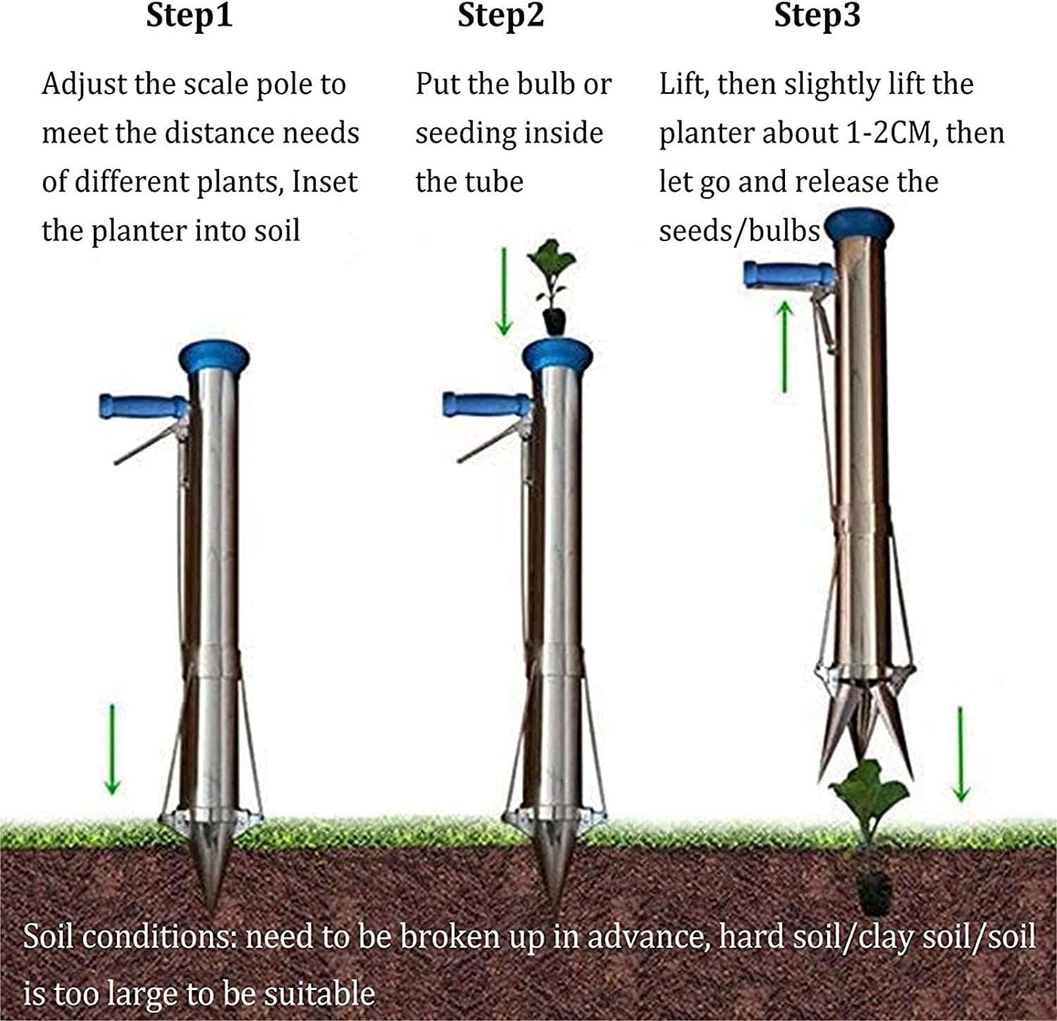 Stainless Steel Bulb Planter Tool with Long Handle - Multi-Functional Manual Transplanter for Vegetables, Seedlings, and Tulips - Hand-Held Garden Tool for Easy Planting