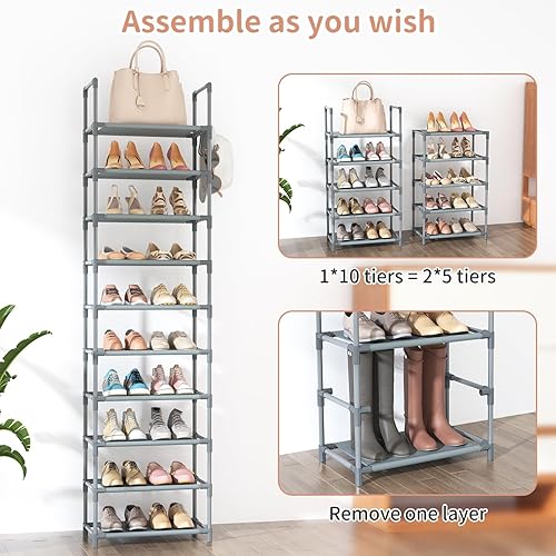 Miniatura 5 de Zapatero de 10 niveles, alto, para 20-25 pares, organizador de botas, estante estrecho y resistente para zapatos para entrada, armarios con ganchos,