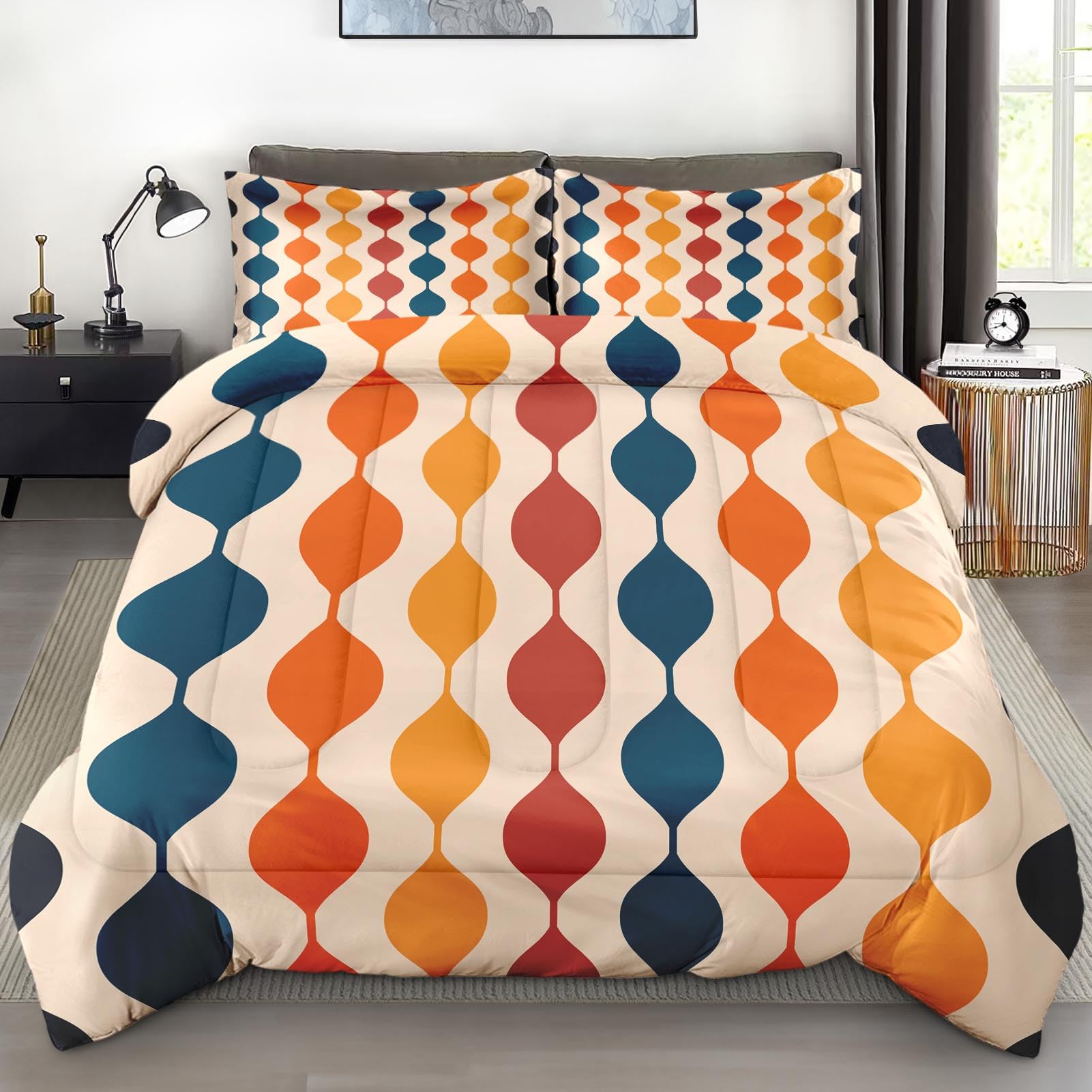 Pamnest Comforter Set Twin Size, Geometric Hippie Multicolored Soft Bedding for Kids and Adults, Retro Vintage 70S Comforter Set with Pillowcase, for Bedroom Bed Decor