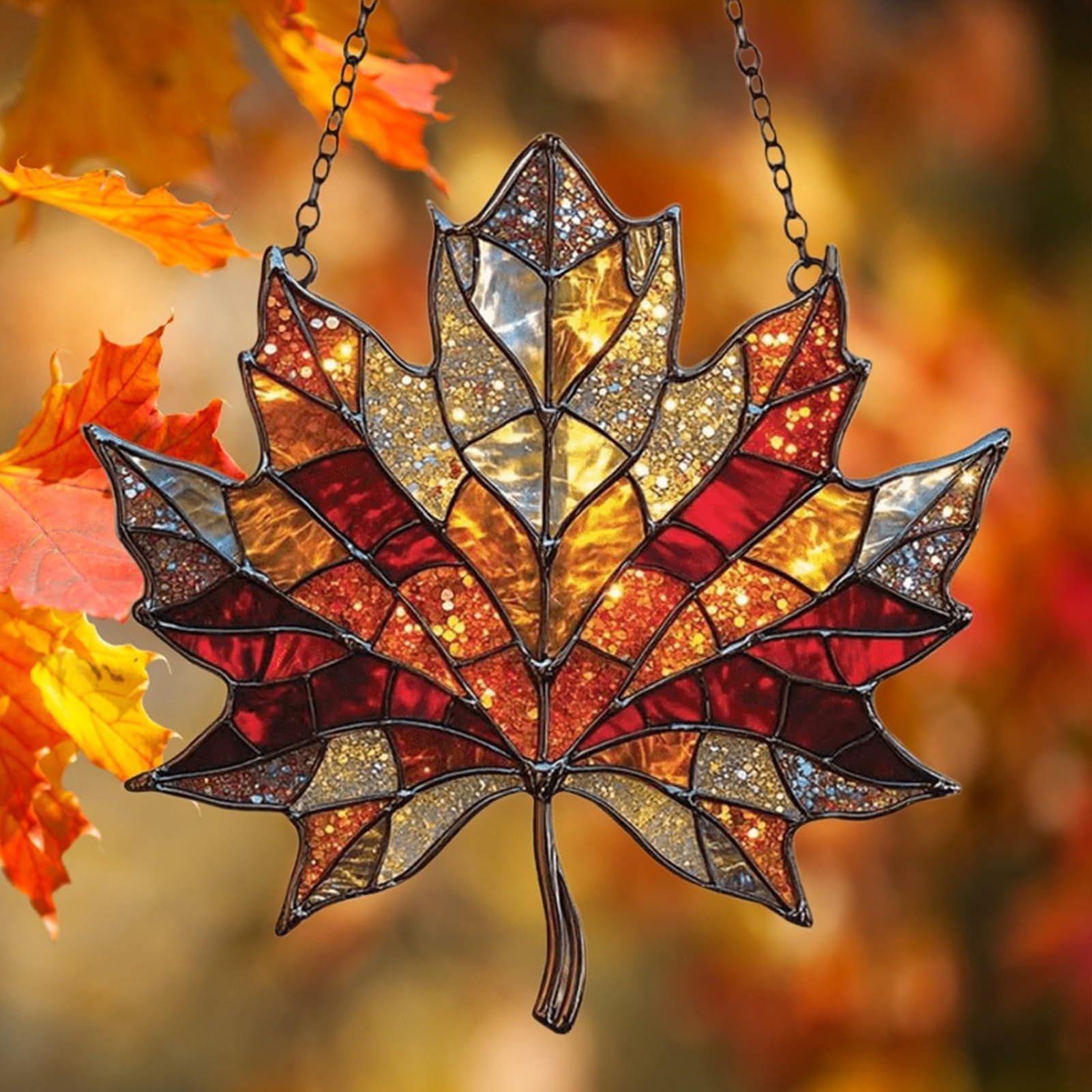 Maple Leaf Suncatcher, 15cm Acrylic Maple Leaves Window Hanging Ornament, Fall Leaves Pendant Ornament for Halloween Thanksgiving Christmas Party