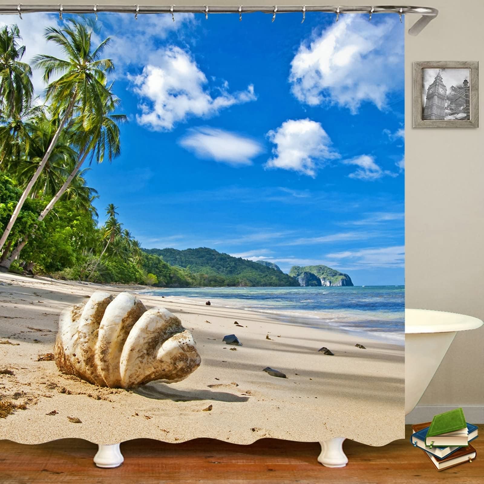 Rideau de douche imperméable KnSam coquillage et plage en polyester 165x200cm avec anneaux