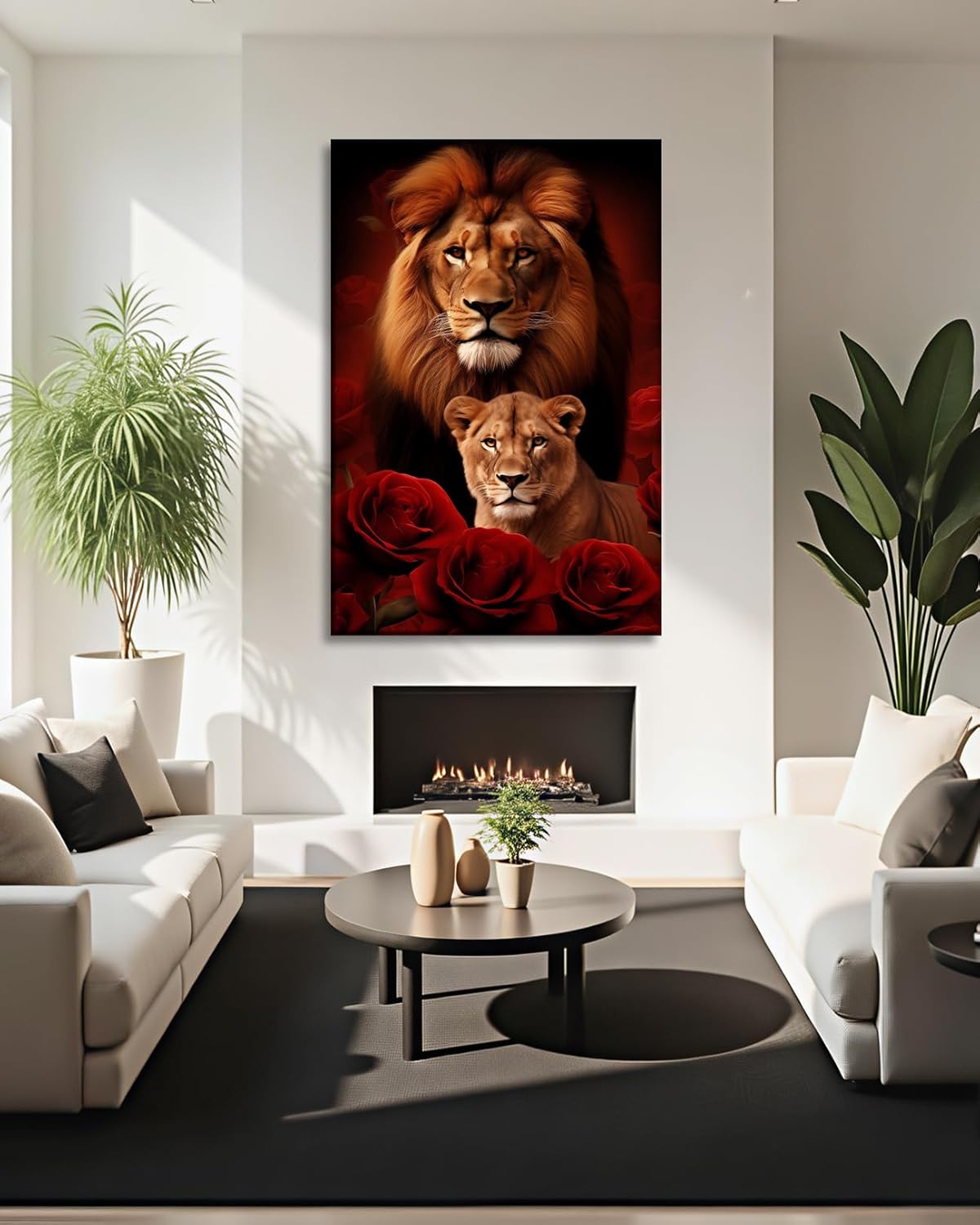 Lion Canvas Wall Art Lion and Lioness Decor Red Rose Flower Picture Animal Painting Contemporary Artwork for Living Room Bedroom Home Office Decor Framed(Artwork-5,12.00"x18.00")