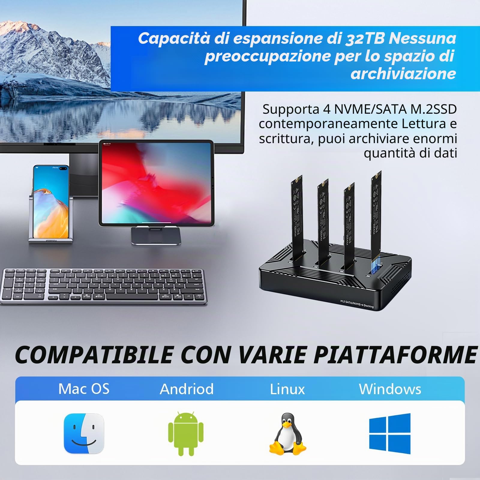 Docking Station M.2 NVME SATA SSD USB 3.2 Gen 2 10Gbps, 4 Bay | M-Key B+M Key, 2230 2242 2260 2280 SSD, Adattatore in alluminio