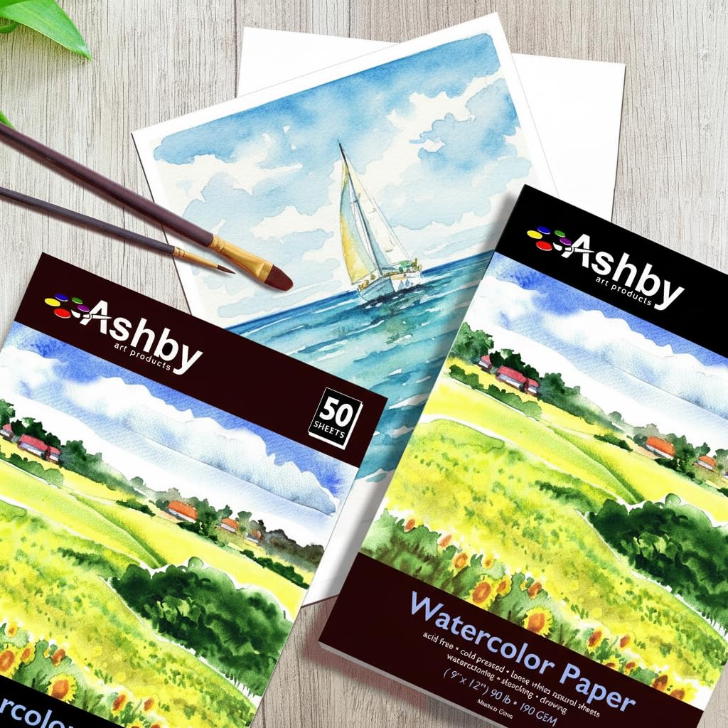 Ashby 100 arkuszy papieru akwarelowego (23 cm x 30 cm) – ciężki materiał (190 g/m²), 100% bawełna, bezkwasowy i tłoczony na zimno, idealny do malowania lub rysowania, na mokro, suche i mieszane