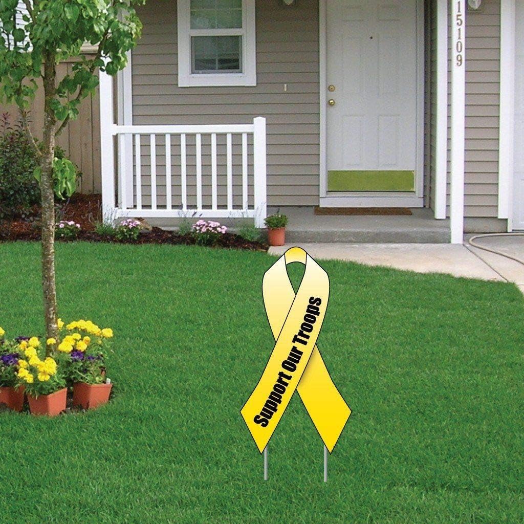 VictoryStore Yard Sign Outdoor Lawn Decorations - Support Our Troops Yellow Ribbon Yard Sign - Set of 2 - with short stakes