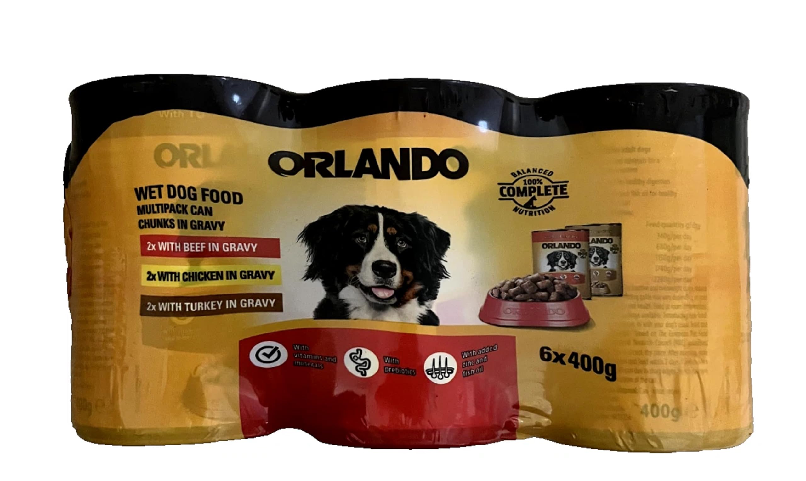 Ark Future Orlando Wet Dog Food Multipack - 6x400g Cans - Chunks in Gravy - 2x each Beef, Chicken, Turkey - Complete Balanced Meals