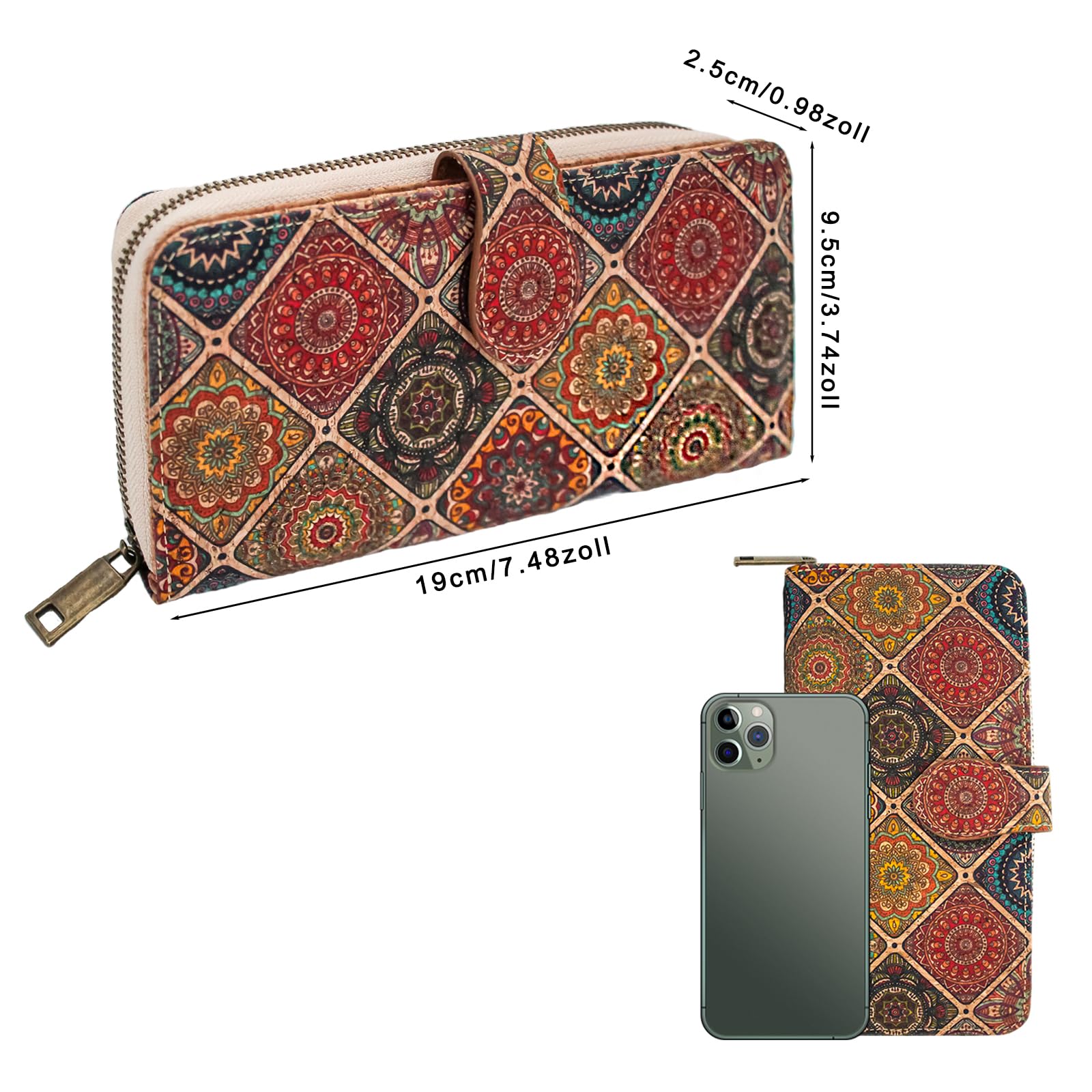 boshiho Portafoglio da donna in sughero, vegano, grande portafoglio da donna in sughero, con chiusura lampo, protezione RFID, regalo vegano, Cork-b, L, Classico