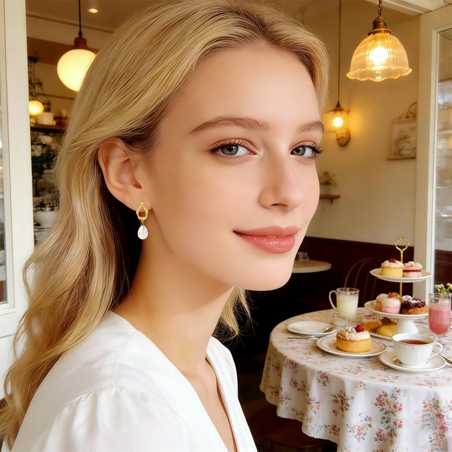 14K gold-plated pearl geometric pendant women's earrings, hypoallergenic, suitable for weddings and daily commuting