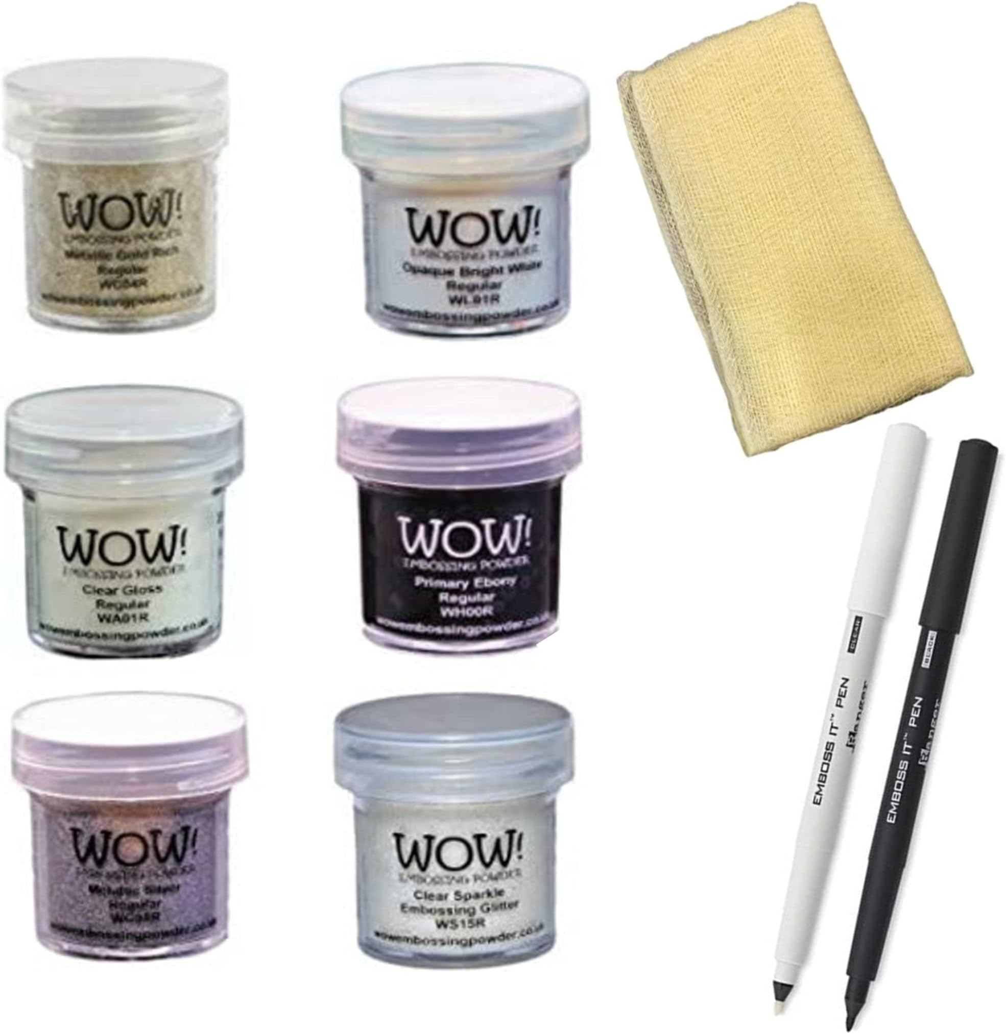 Embossing Starter Kit Bundle - 6 Embossing Powders, 1 Bye Bye Static Pad and Two Ranger Embossing Pens (Black/White pens)