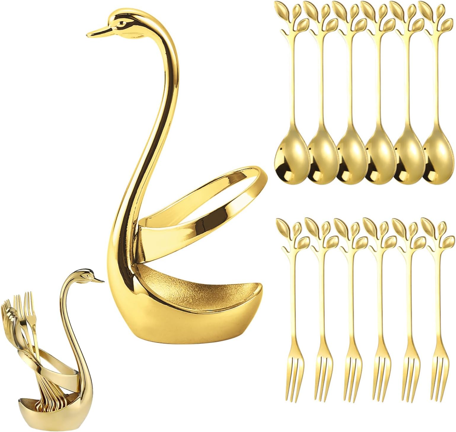 Stainless Steel Gold Creative Dinnerware Set: Decorative Swan Base Holder with 6 Forks and 6 Spoons for Coffee, Fruit,Dessert,Stirring, Mixing, Sugar, Stir, Ice Cream, Cake, Teaspoon (Gold)