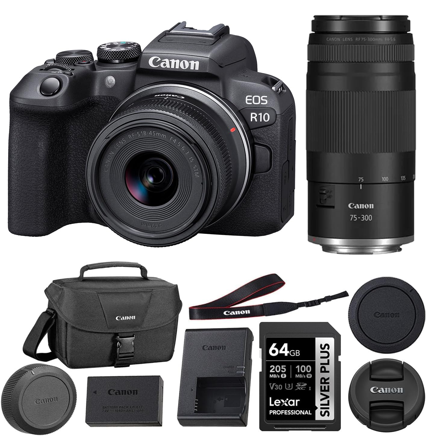 Canon EOS R10 Mirrorless Camera with RF-S 18-45mm Lens Bundle with RF 75-300mm Lens + 64GB Memory Card + Canon 200ES EOS Shoulder Bag (4 Items)