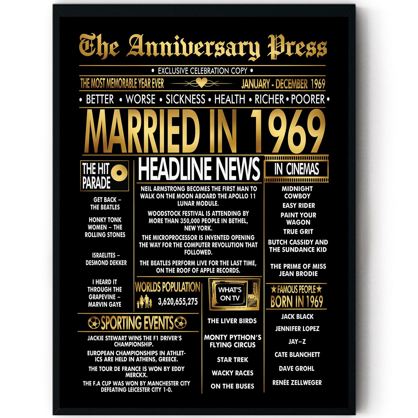 Stuff4 Men's 1969 Gold 57Th Anniversary Poster Framed - Golden Married In Newspaper - 57 Anniversary For Wo Retro Vintage Gifts Back In 8X10 Inch Bday Party Decor Decoration