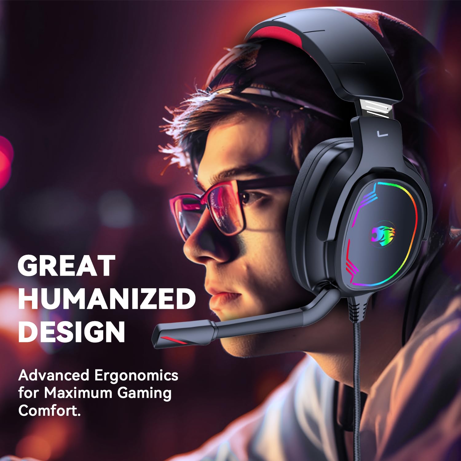 Jimonyer Zestaw słuchawkowy do gier z mikrofonem do PC/PS4/PS5/Xbox/Nintendo Switch, stereo Surround Sound Gaming Headset Xbox One z redukcją szumów, elastyczny mikrofon, światło RGB (czerwony)