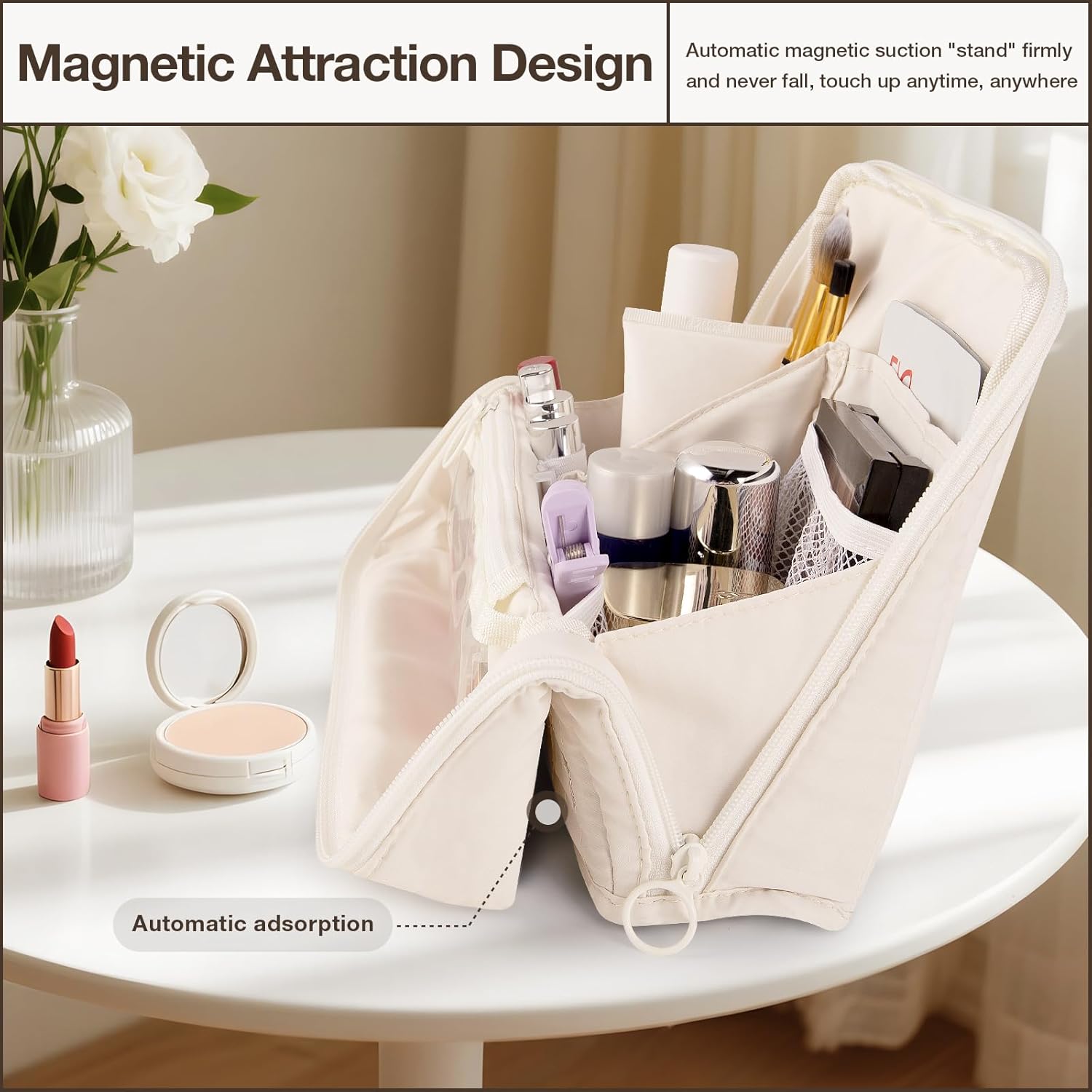 Abiudeng Standing Travel Makeup Bag Stand up Make up Bag Travel Toiletry Bag with Multiple Compartments Large Capacity for Women Business Trips Fitness and Daily Commutes (White) - Image 3