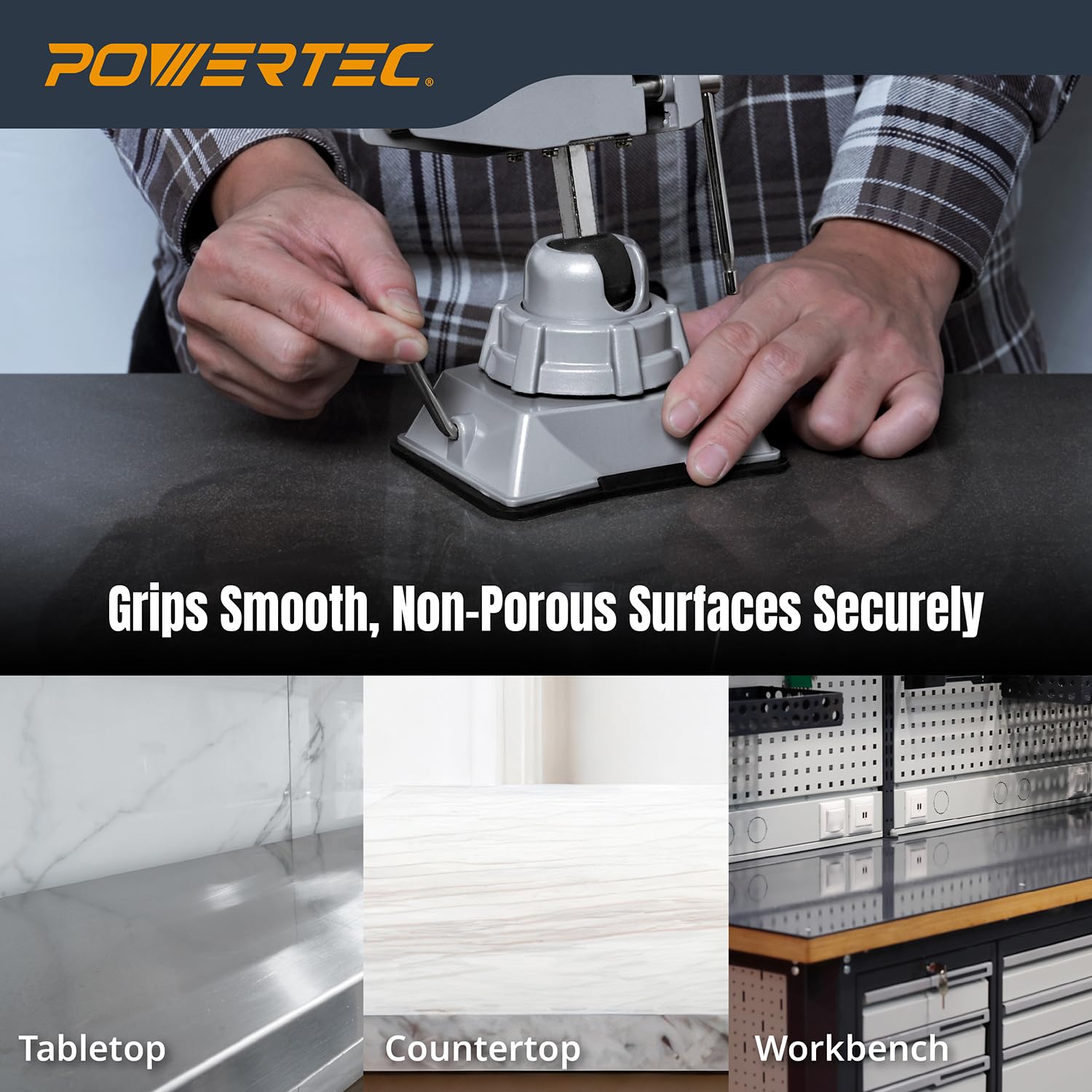 POWERTEC Morsa con base a vuoto, morsetto portatile a ventosa da tavolo con testa girevole a 360° per progetti fai da te, lavorazione del legno, modellismo, saldatura e artigianato (71016V)
