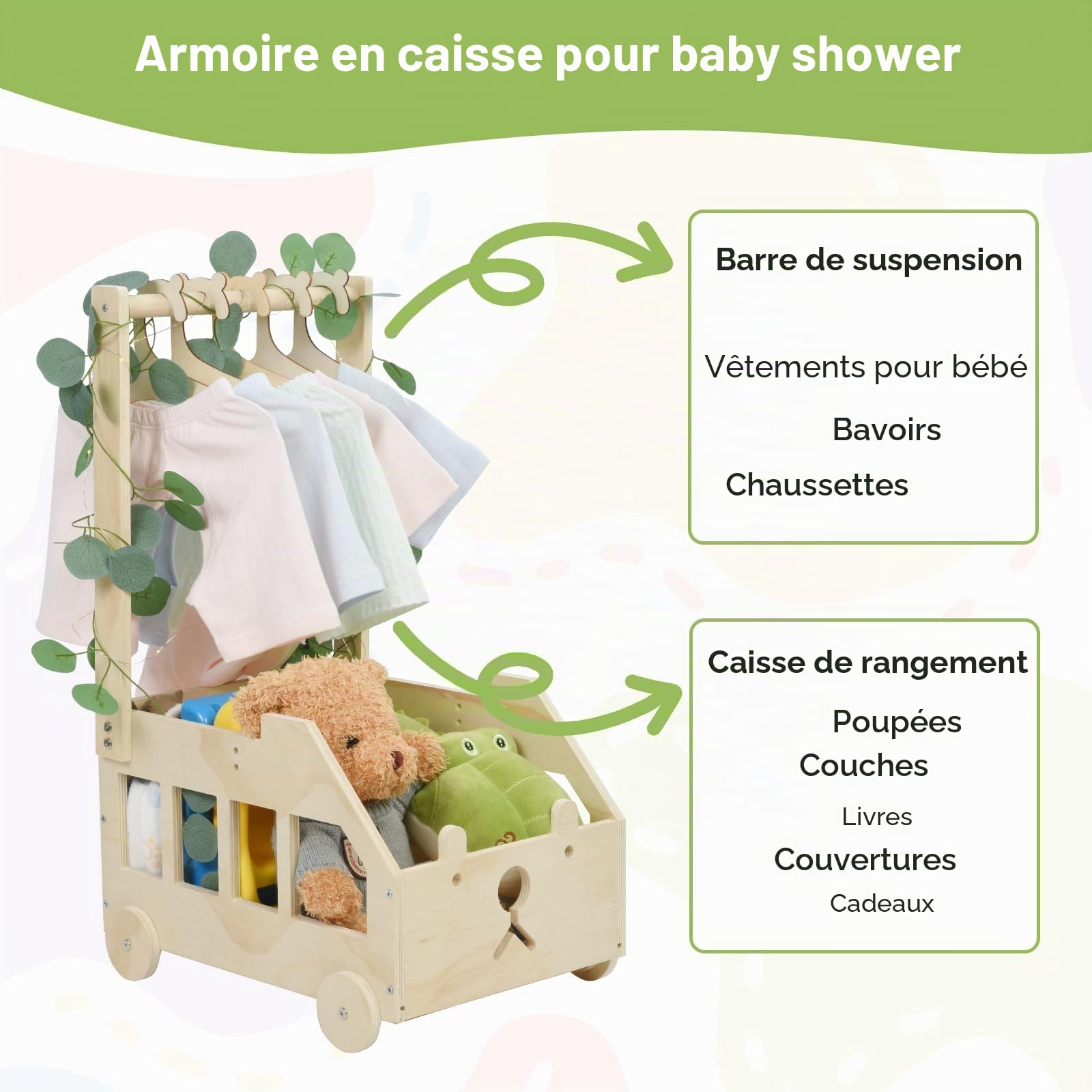 OTraki Panier Rangement Bébé avec Roulettes, Panier de Douche Bois pour Bébé avec Feuilles Décoratives 5 Cintres En Bois Caisse de Rangement pour Fête Prénatale pour Grossesse, Nouveaux Parents